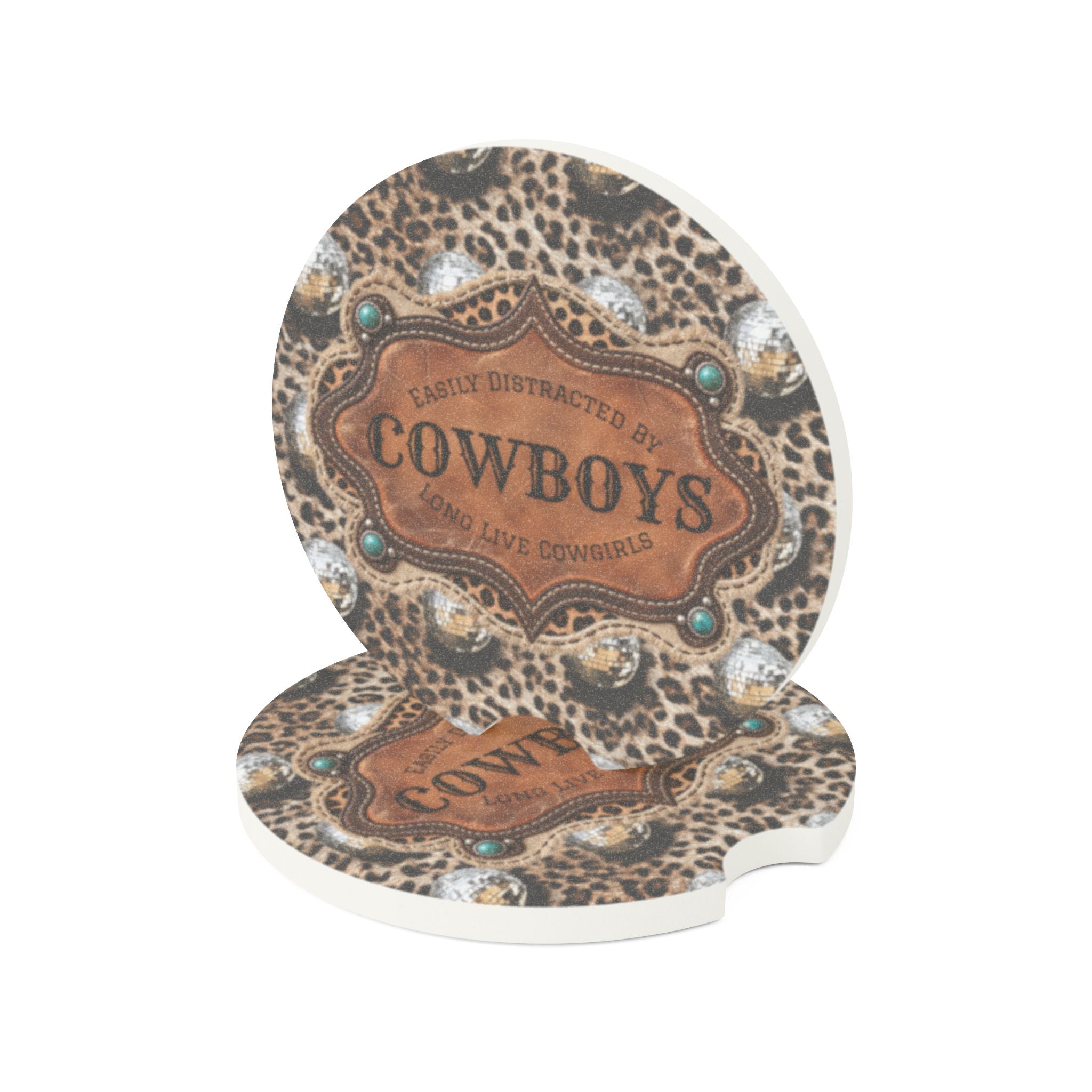 Personalized Car Coasters Set of 2, Custom Coasters, Funny Western Cowboy Leopard Car Accessories