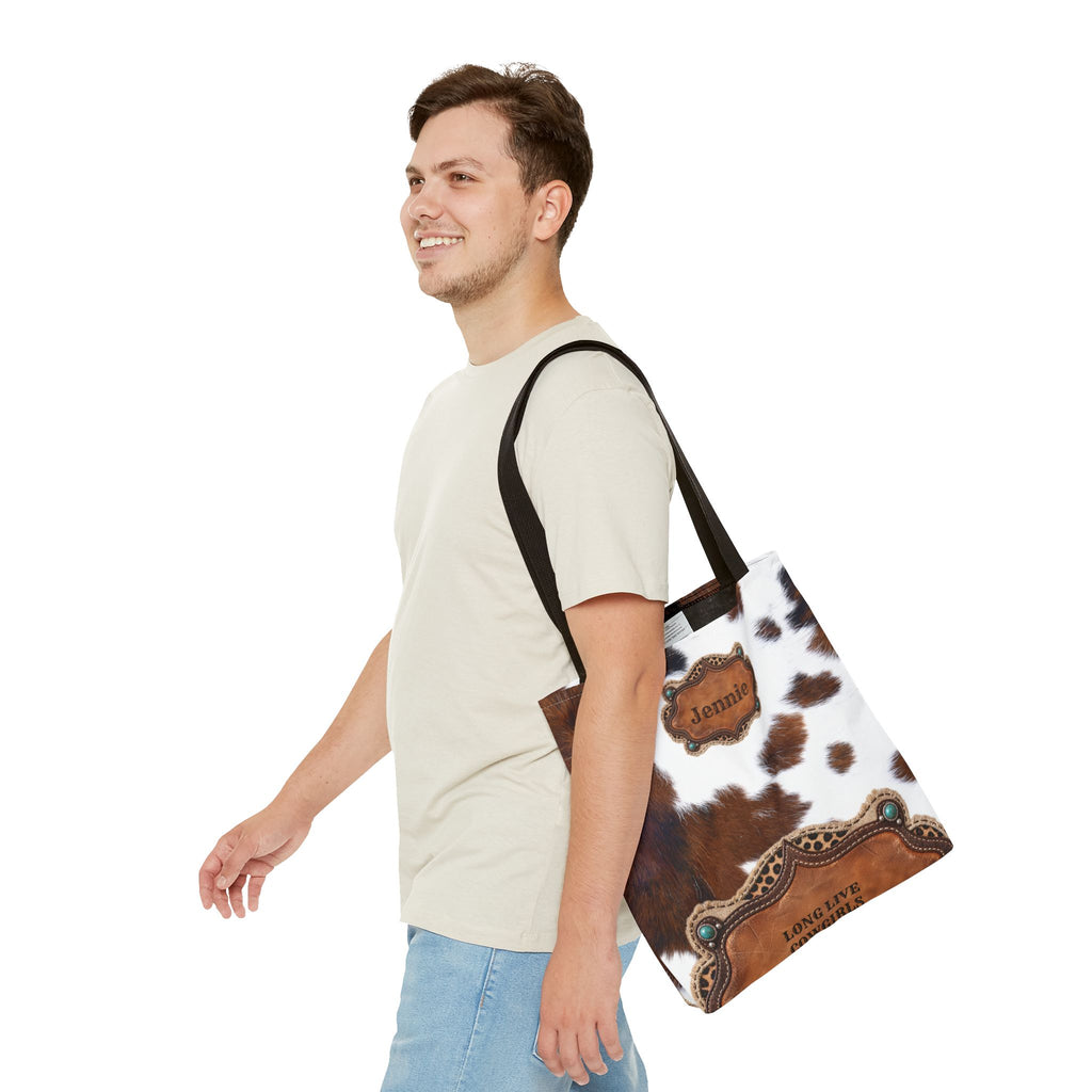 Personalized Cow Print Tote Bag, Custom Name Western Cowgirl Bag, Brown Cowhide Market Tote