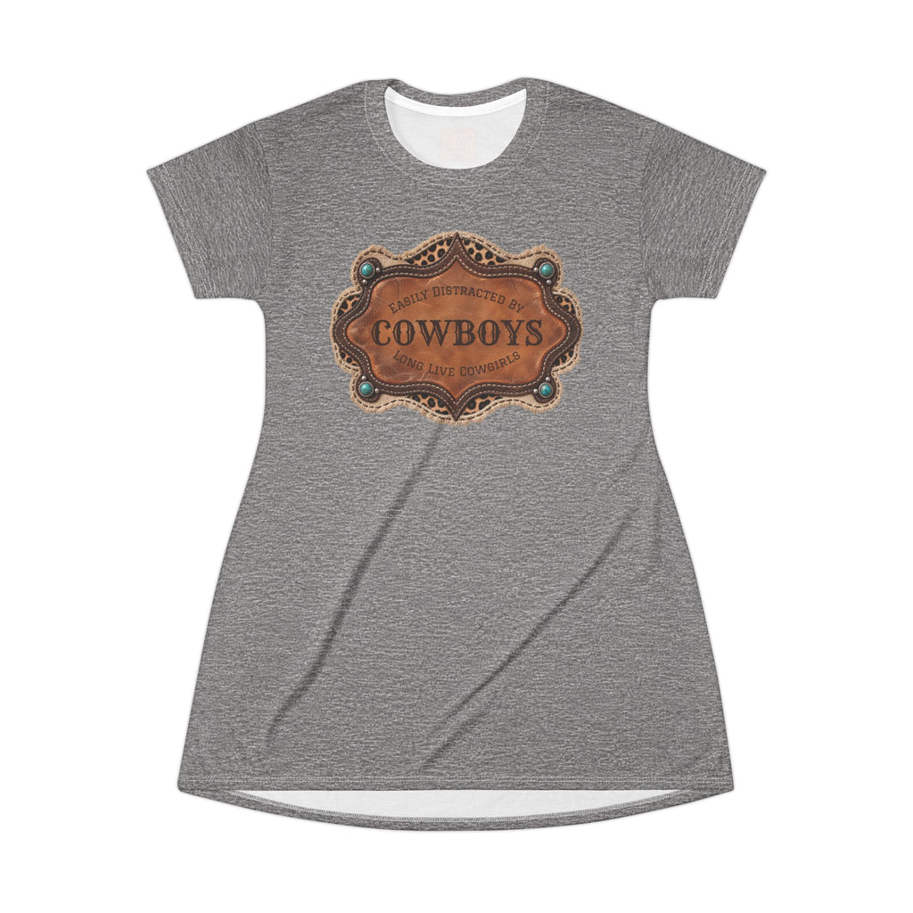 Boho Western Dress for Women, Graphic T Shirt Dress - Heather Gray Cowboys