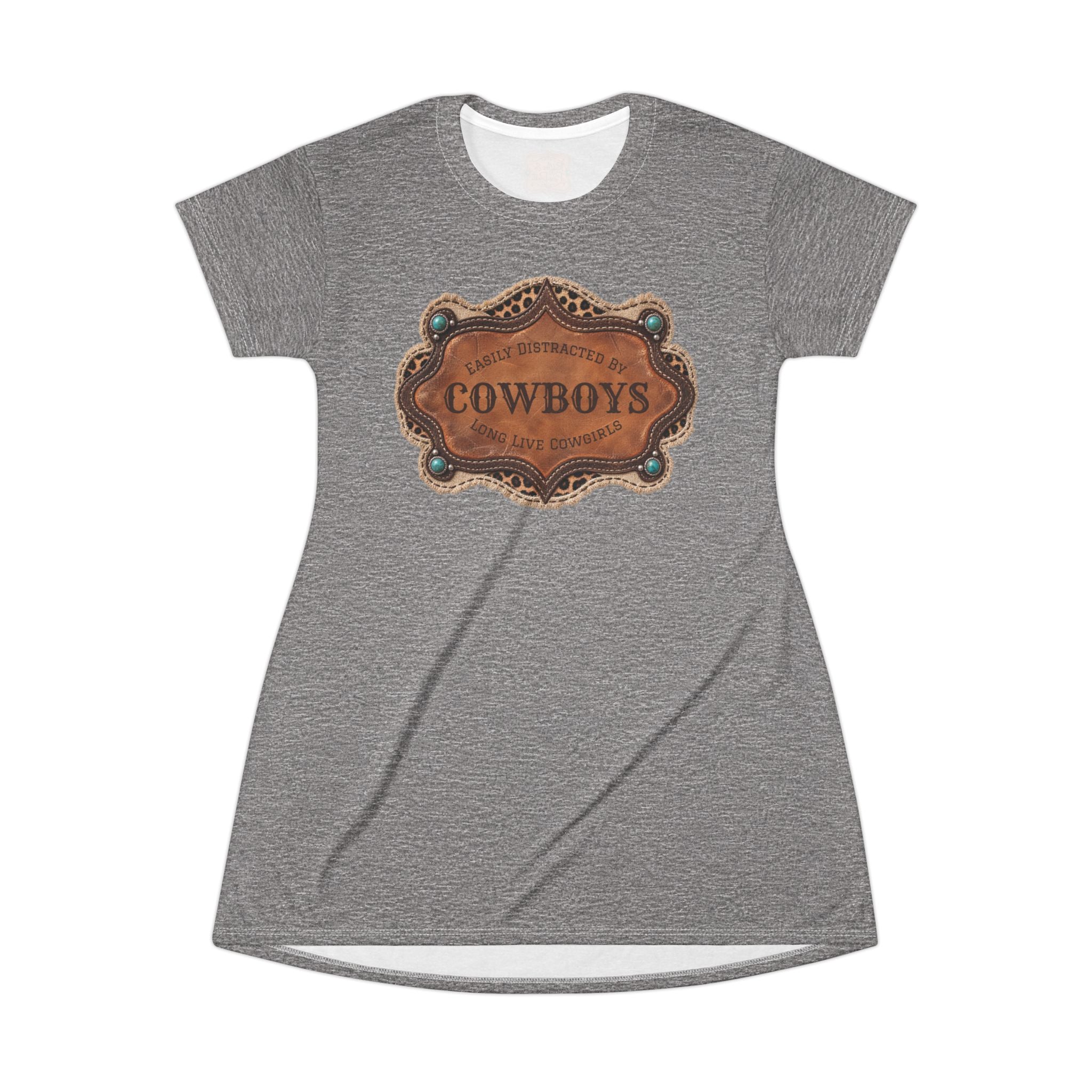 Boho Western Dress for Women, Graphic T Shirt Dress - Heather Gray Cowboys