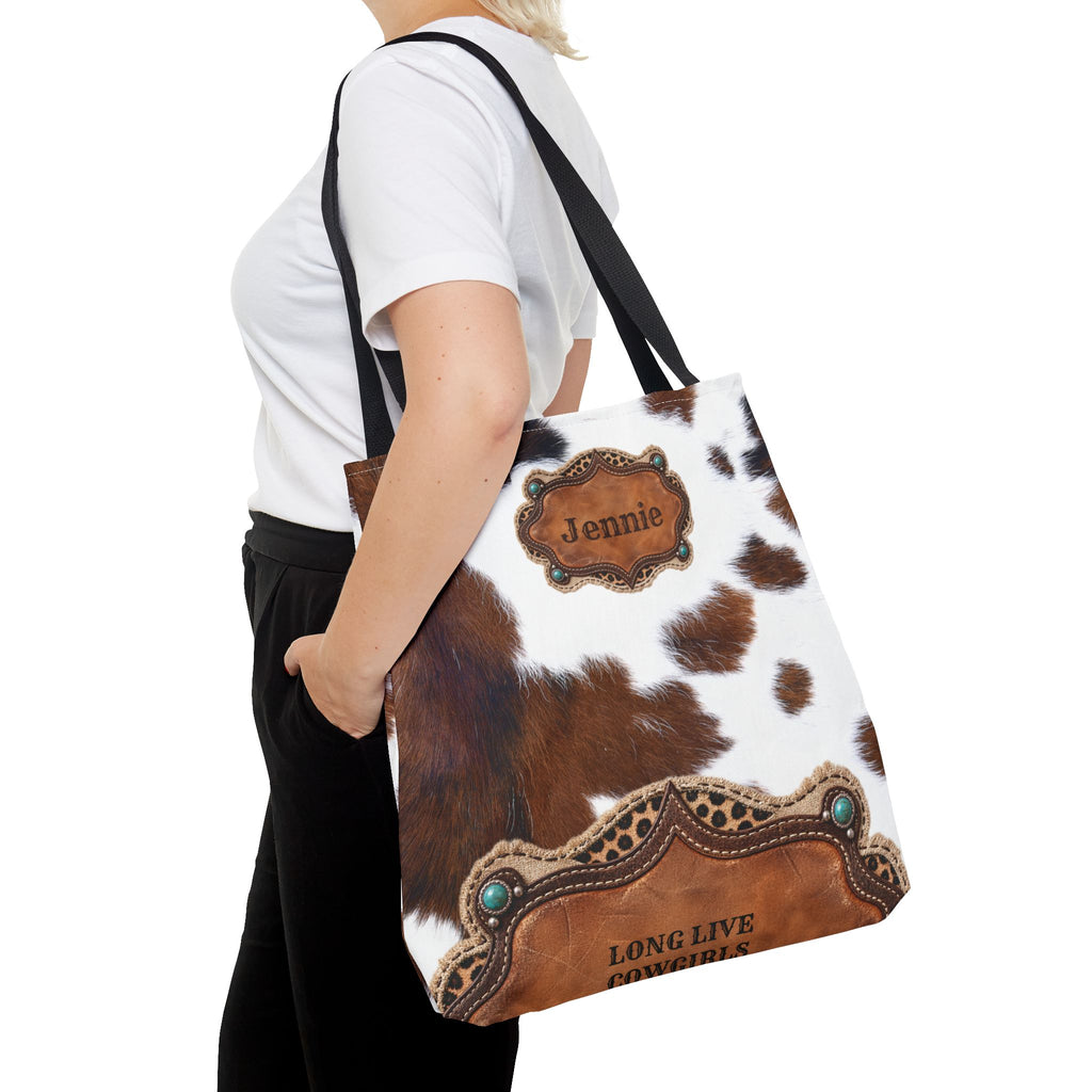 Personalized Cow Print Tote Bag, Custom Name Western Cowgirl Bag, Brown Cowhide Market Tote