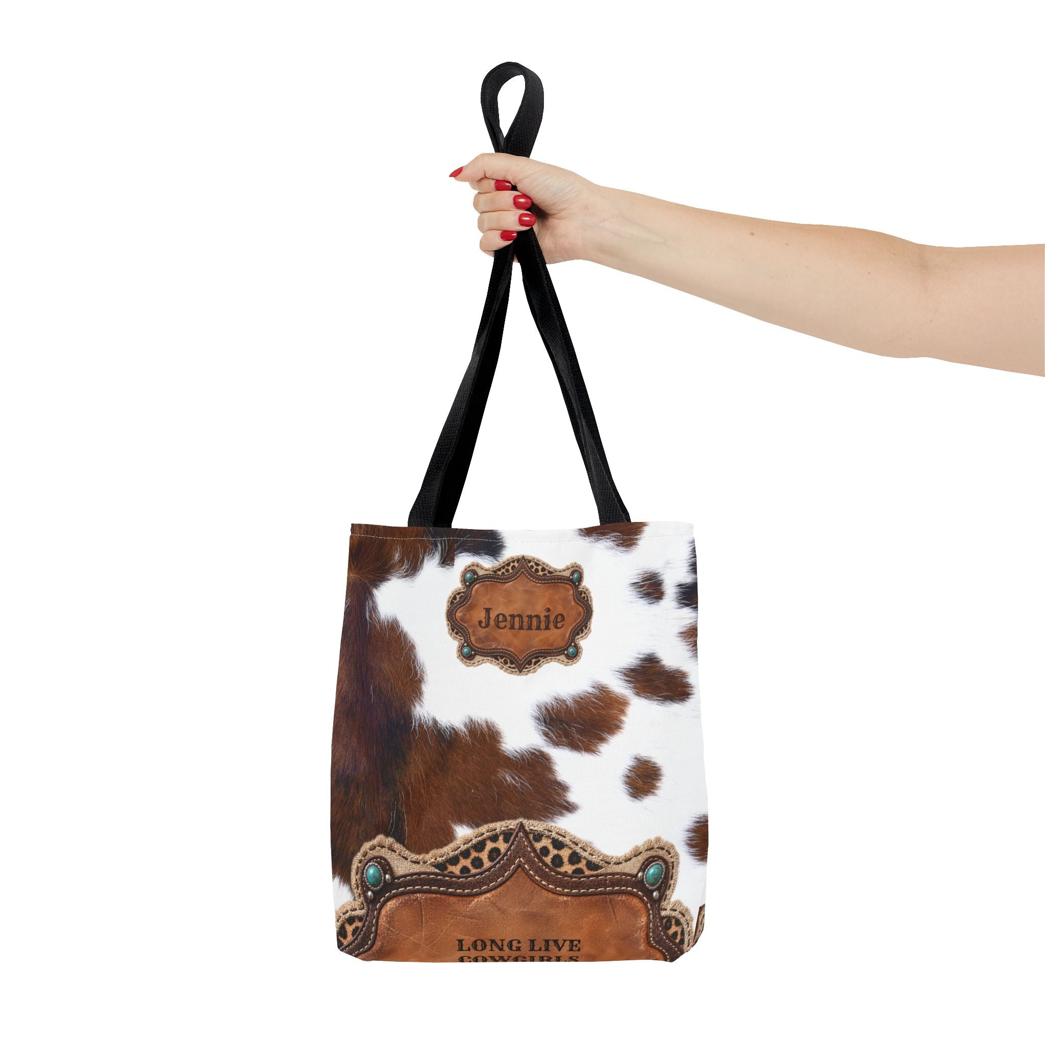 Personalized Cow Print Tote Bag, Custom Name Western Cowgirl Bag, Brown Cowhide Market Tote