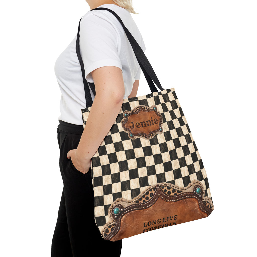 Personalized Tote Bag, Checkered Cowgirl Design, Custom Name