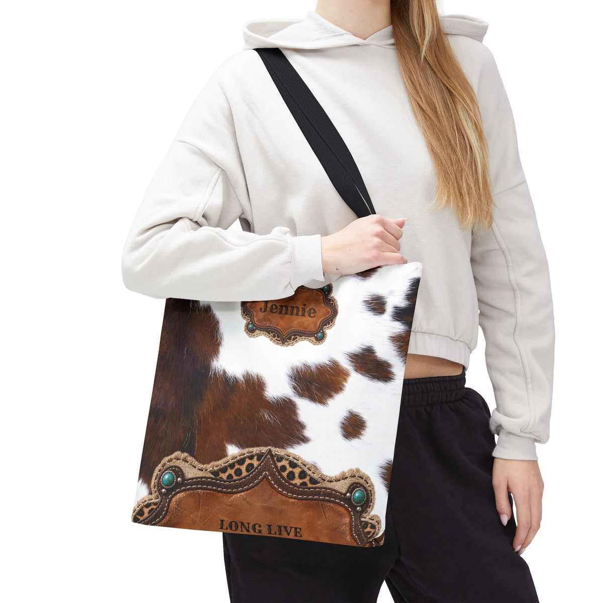 Personalized Cow Print Tote Bag, Custom Name Western Cowgirl Bag, Brown Cowhide Market Tote