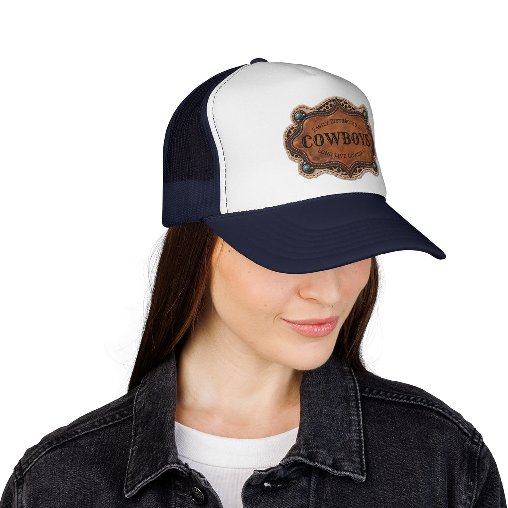 Custom Trucker Hat, Personalized Cowgirl Cap, Easily Distracted by Cowboys, Turquoise Western Hat