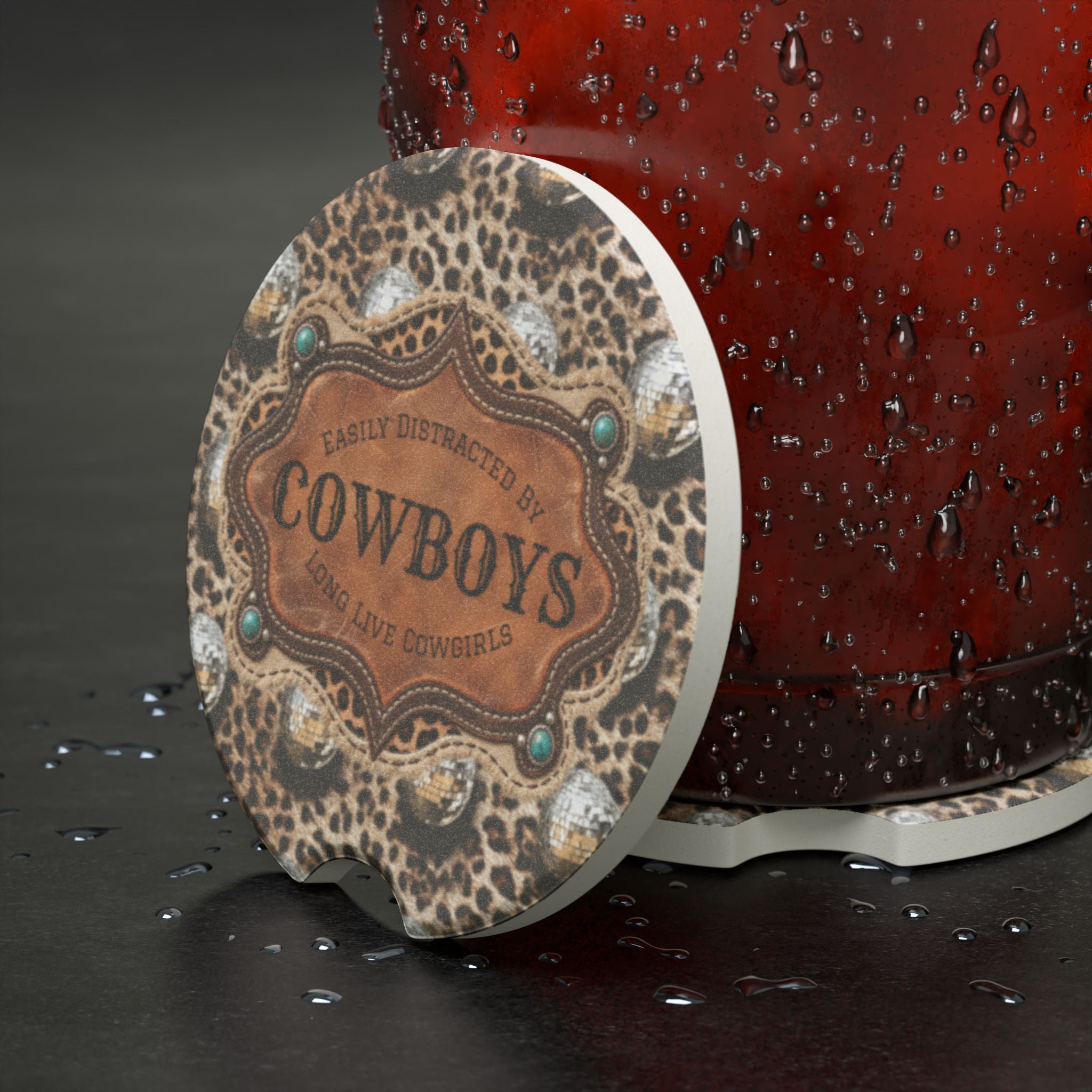 Personalized Car Coasters Set of 2, Custom Coasters, Funny Western Cowboy Leopard Car Accessories