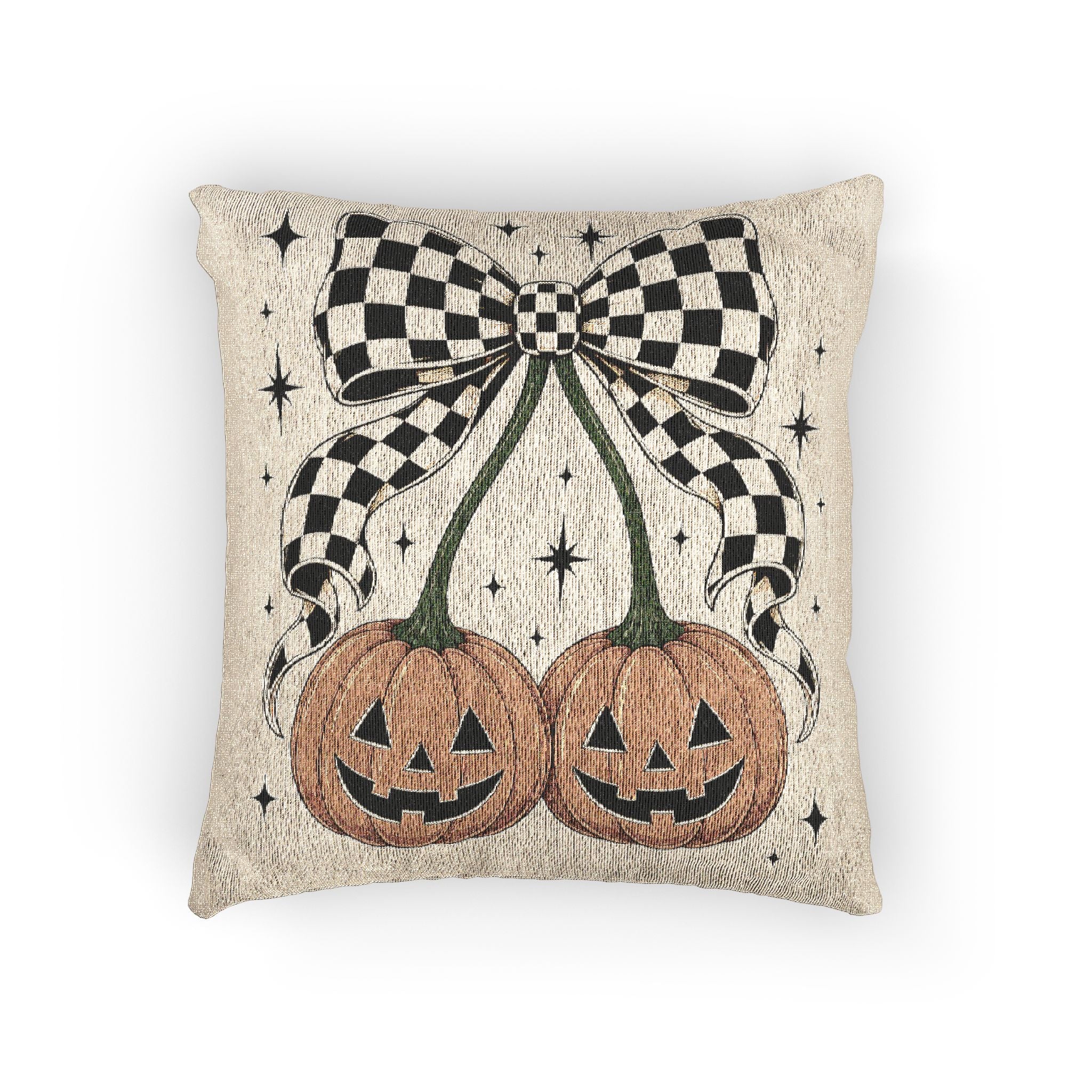 Pumpkin Pillow with Checkered Cherry Bow, Cute Halloween Decor