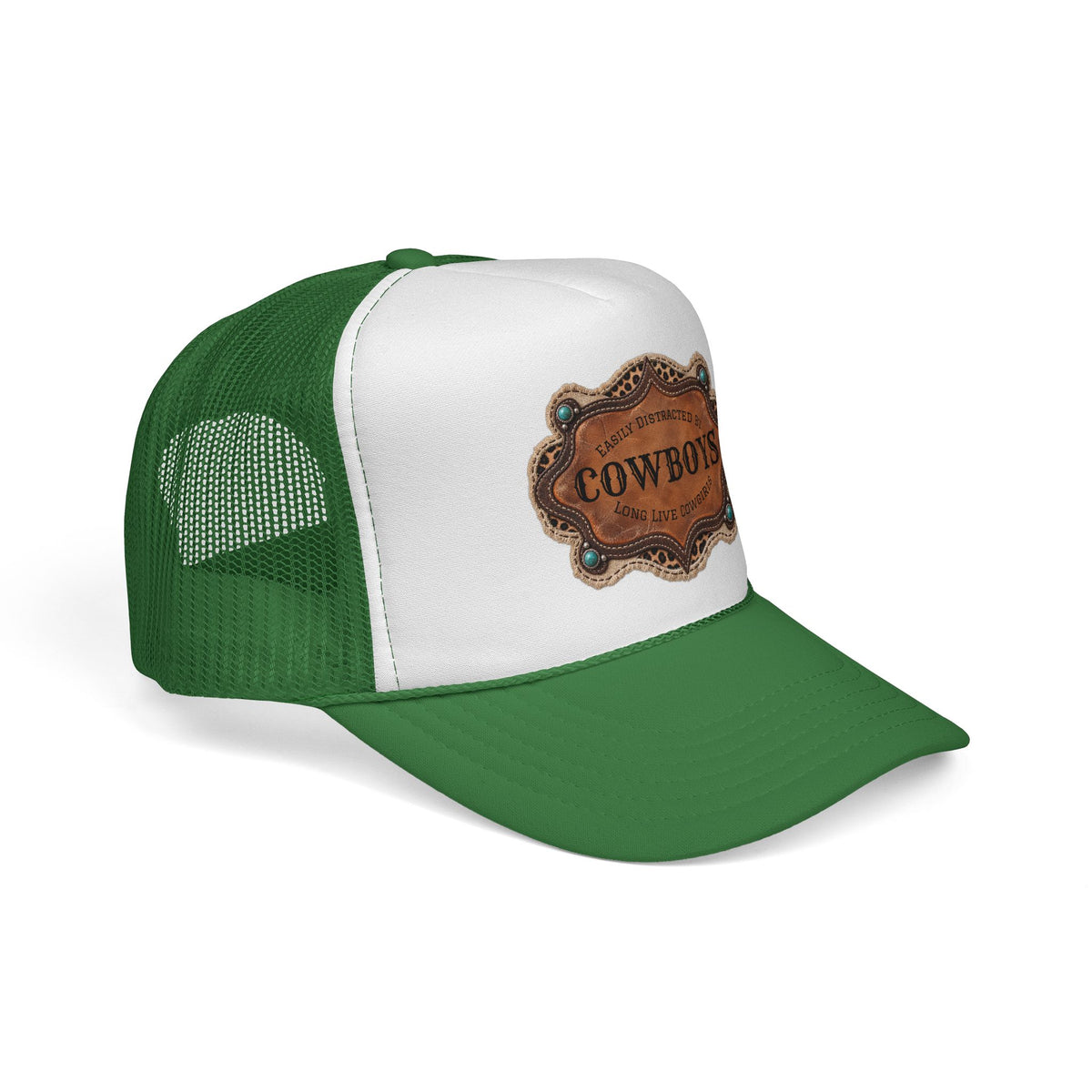 Custom Trucker Hat, Personalized Cowgirl Cap, Easily Distracted by Cowboys, Turquoise Western Hat