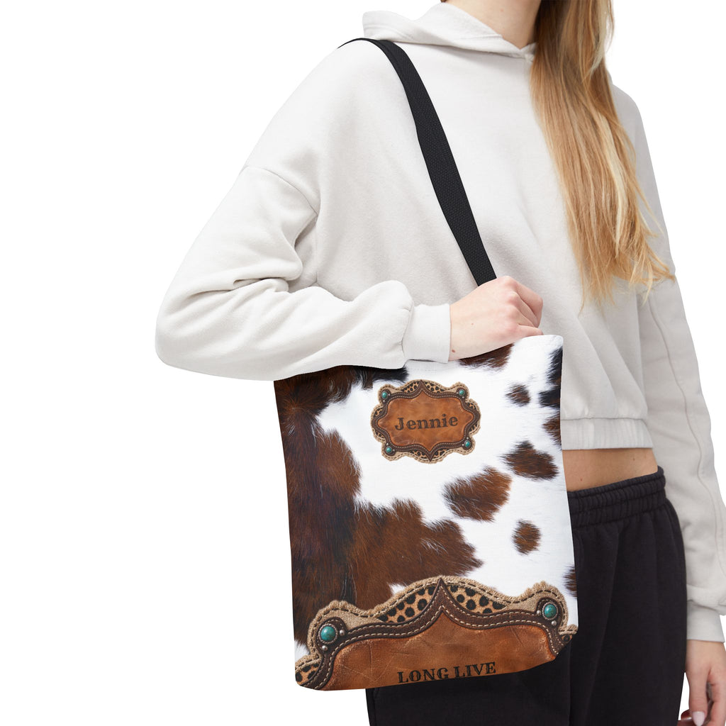 Personalized Cow Print Tote Bag, Custom Name Western Cowgirl Bag, Brown Cowhide Market Tote