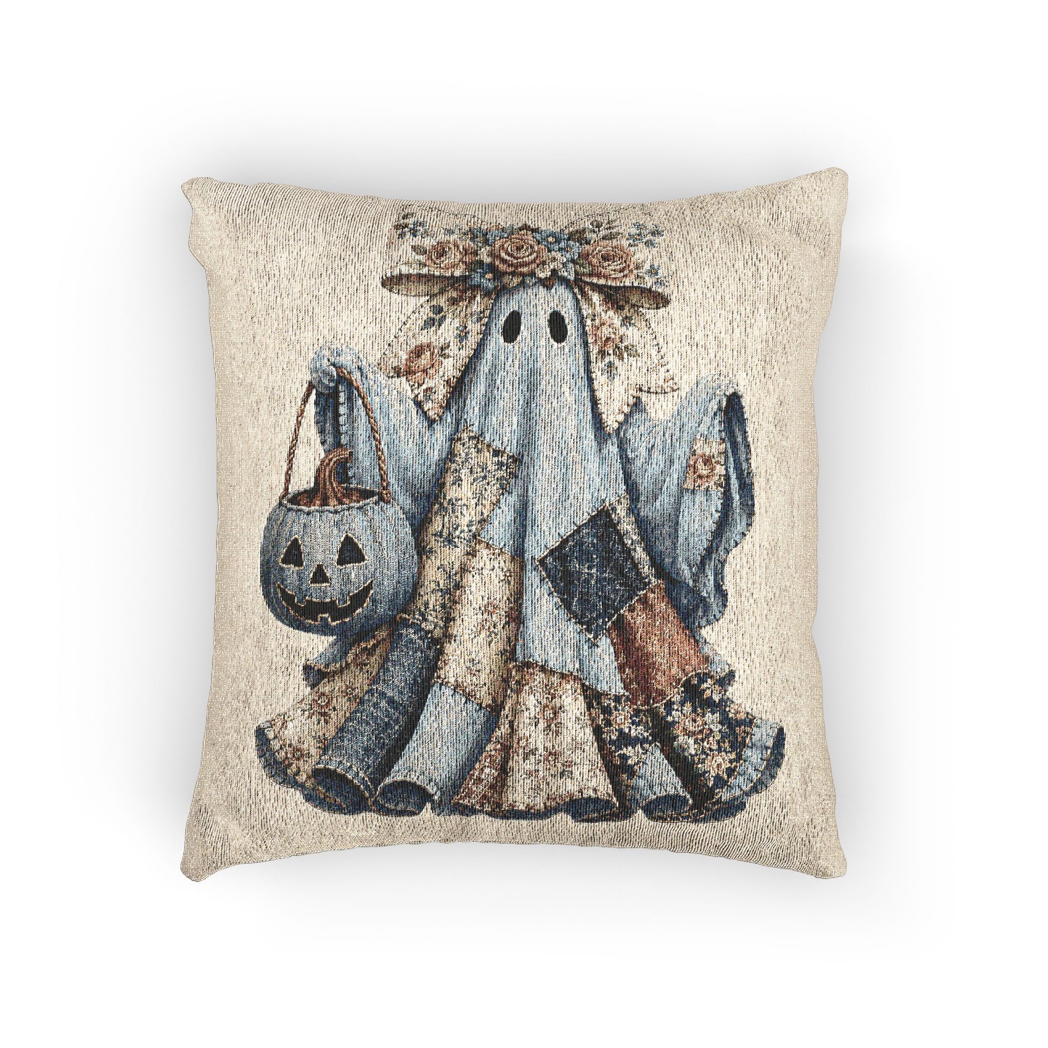 Patchwork Ghost Tapestry Pillow, Denim Halloween Decor