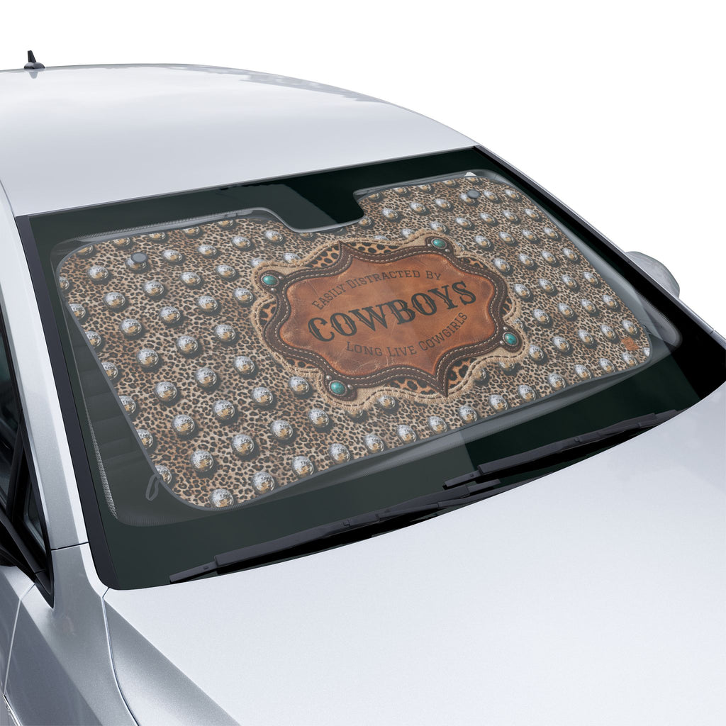 Personalized Western Car Sun Shade, Custom Easily Distracted by Cowboys Leopard Cowgirl Windshield Cover