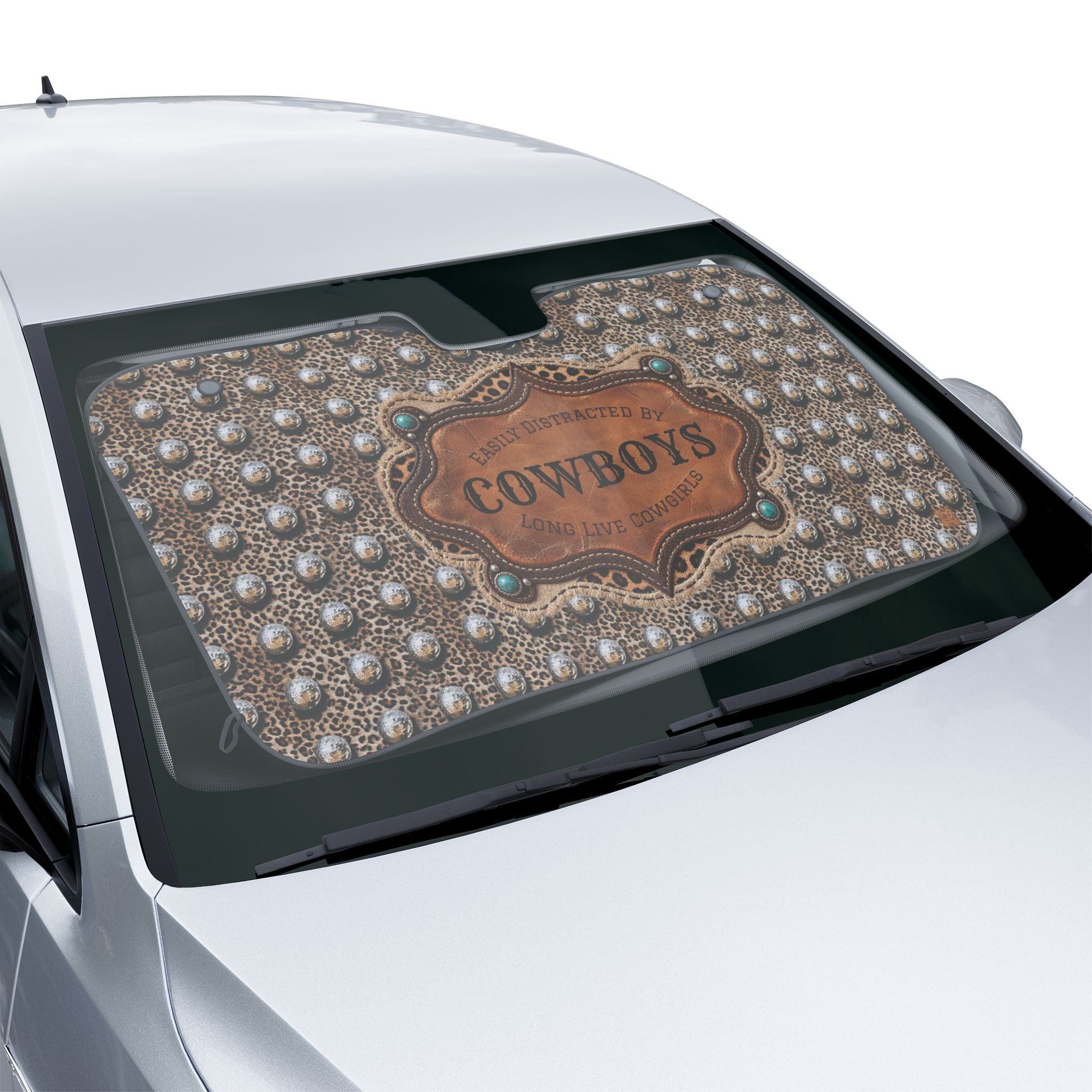 Personalized Western Car Sun Shade, Custom Easily Distracted by Cowboys Leopard Cowgirl Windshield Cover