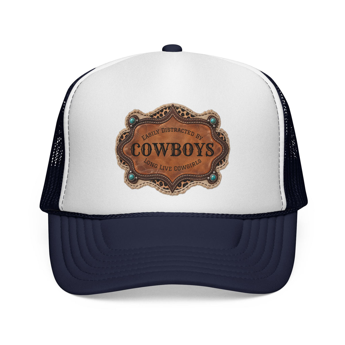Custom Trucker Hat, Personalized Cowgirl Cap, Easily Distracted by Cowboys, Turquoise Western Hat