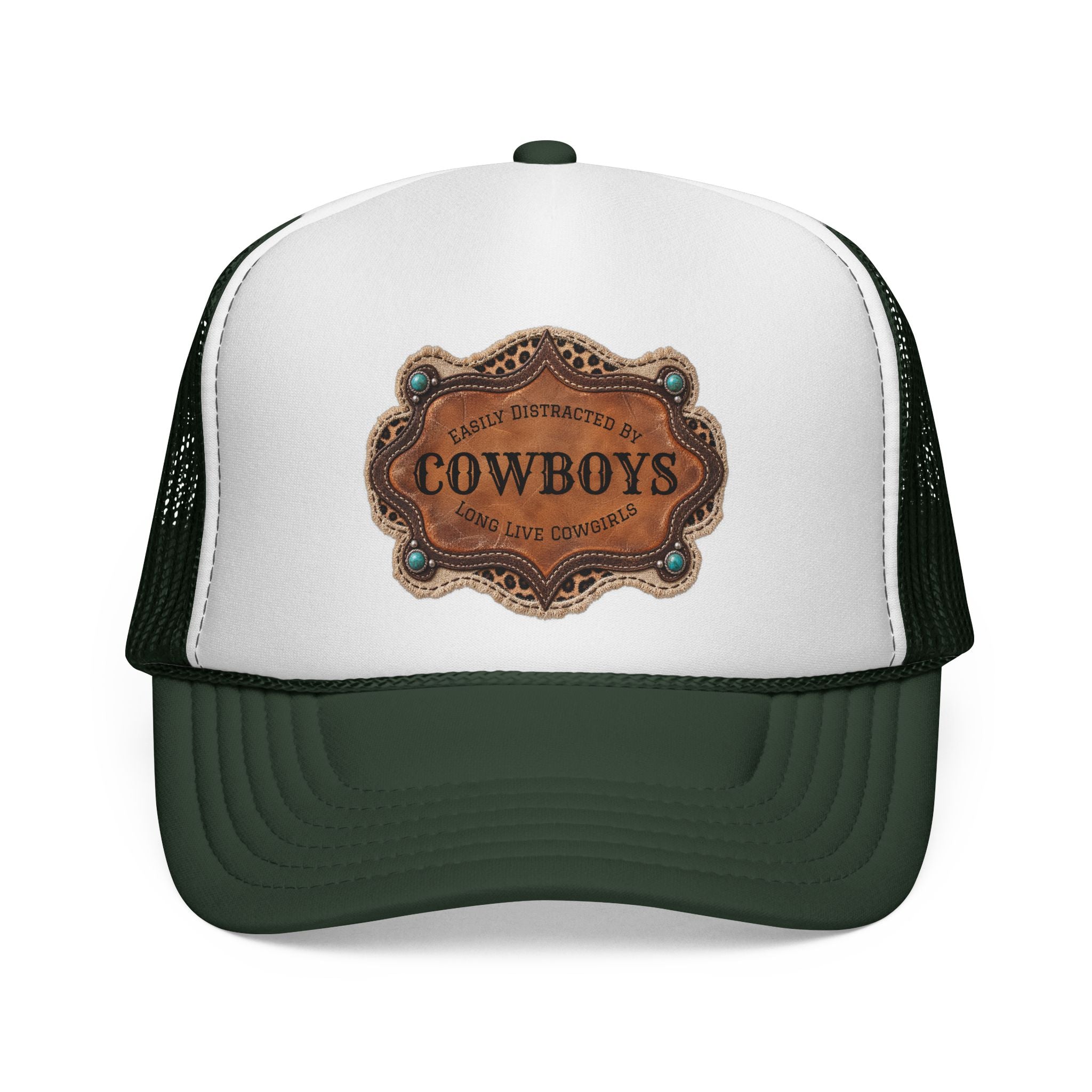 Custom Trucker Hat, Personalized Cowgirl Cap, Easily Distracted by Cowboys, Turquoise Western Hat