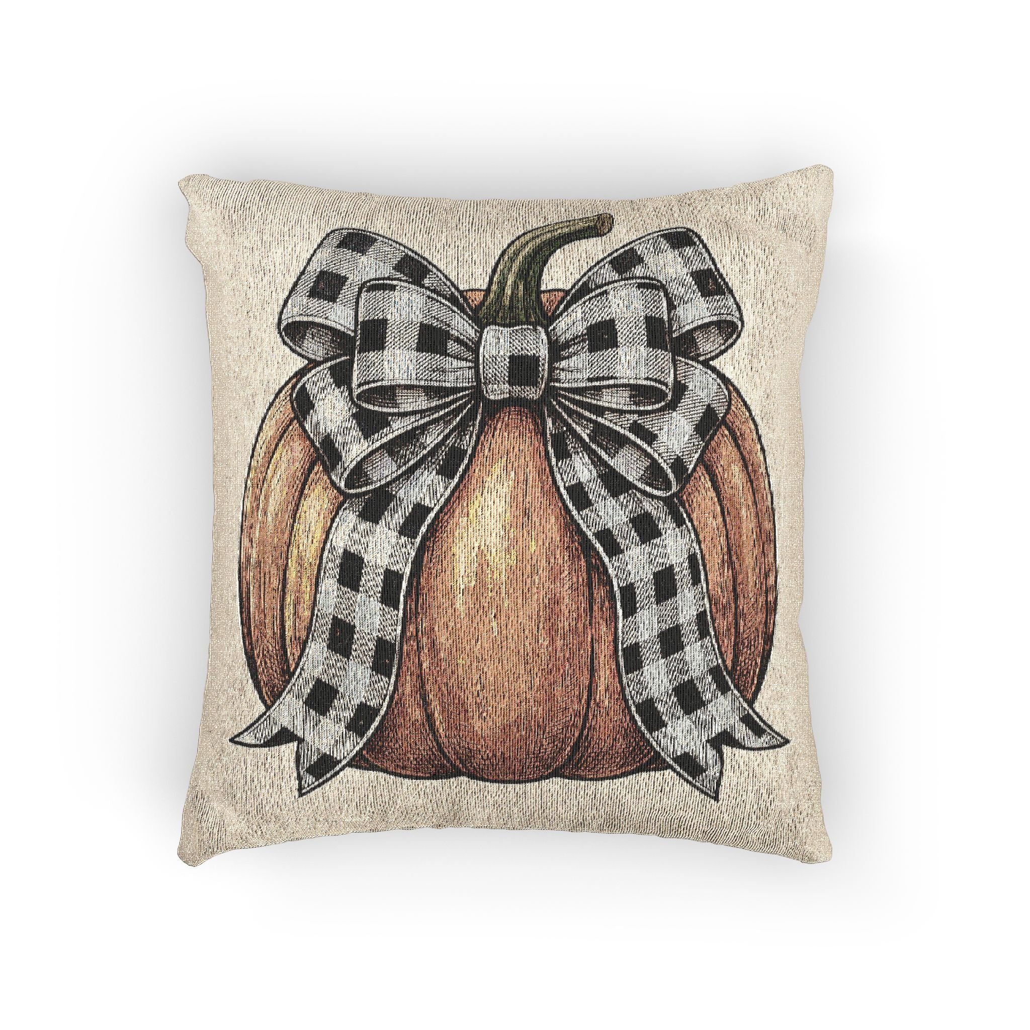 Pumpkin Pillow with Checkered Bow, Woven Tapestry for Fall Decor