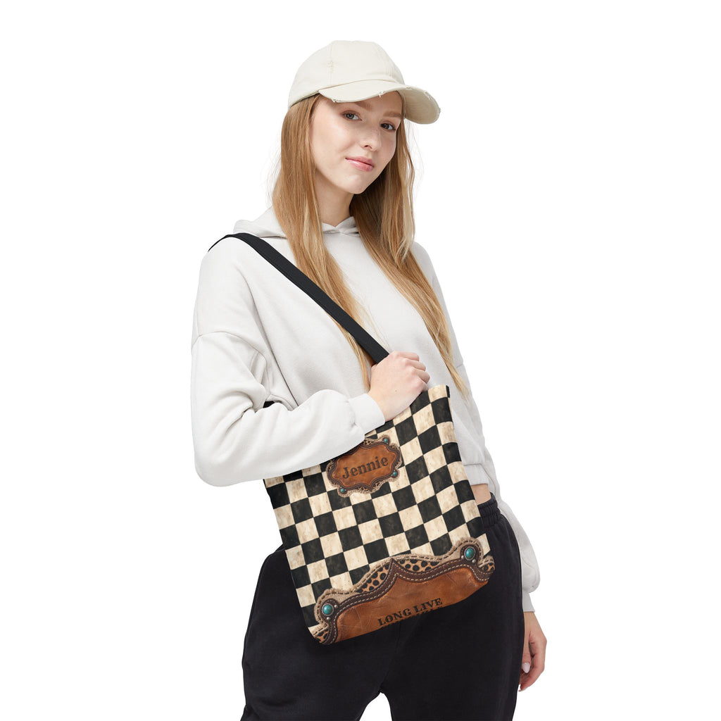 Personalized Tote Bag, Checkered Cowgirl Design, Custom Name