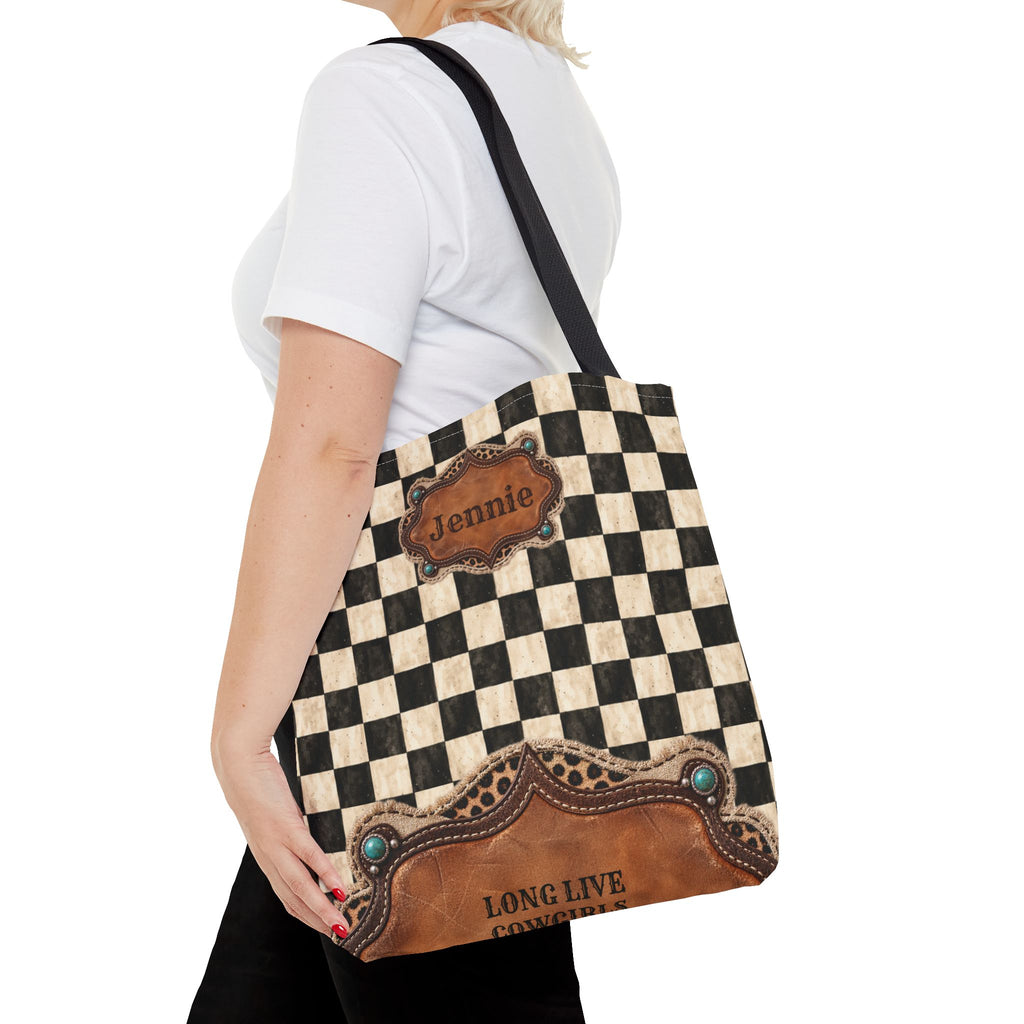 Personalized Tote Bag, Checkered Cowgirl Design, Custom Name