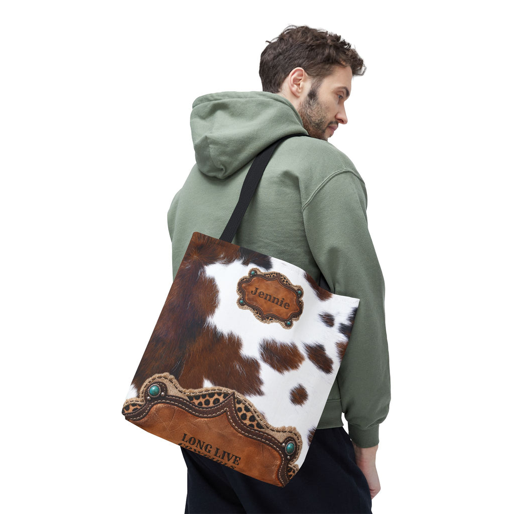 Personalized Cow Print Tote Bag, Custom Name Western Cowgirl Bag, Brown Cowhide Market Tote