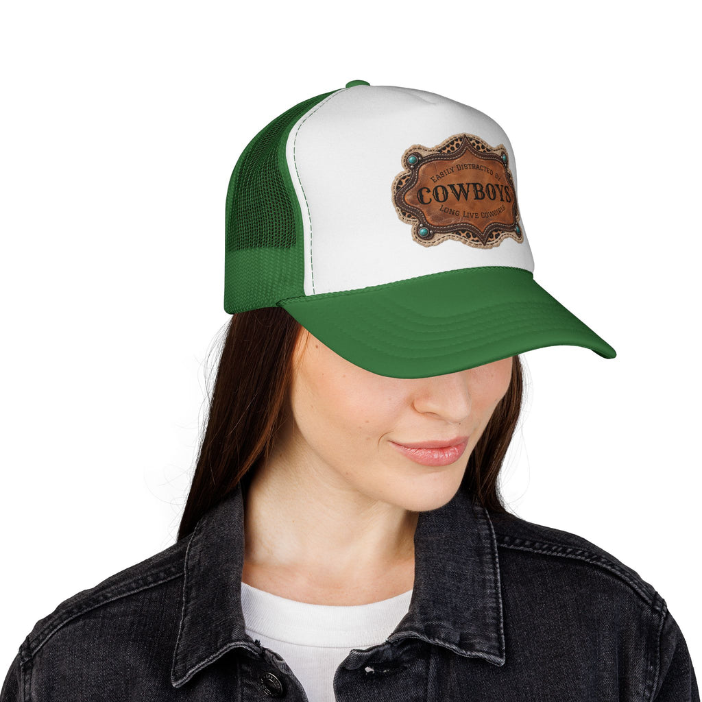 Custom Trucker Hat, Personalized Cowgirl Cap, Easily Distracted by Cowboys, Turquoise Western Hat
