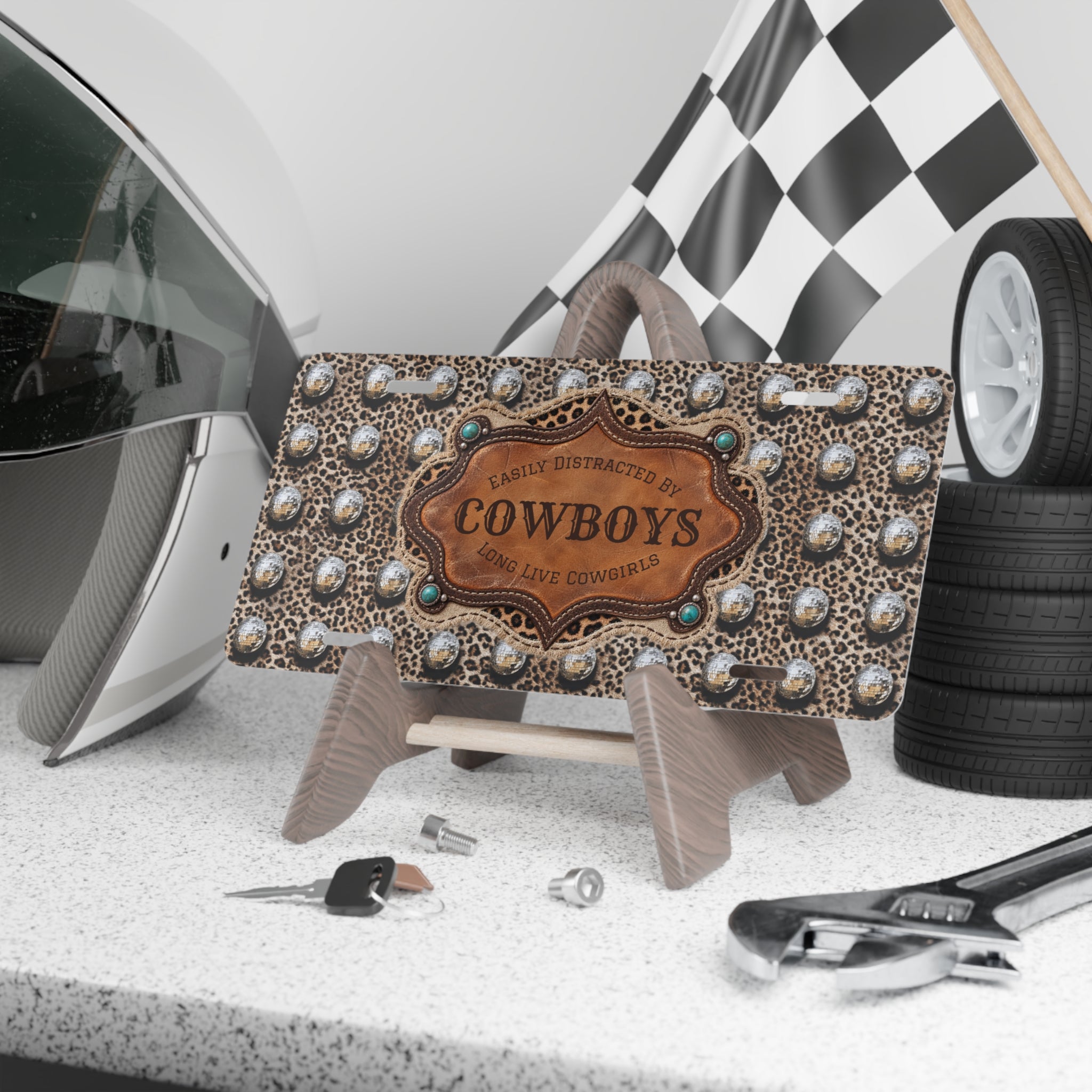 Western Vanity License Plate, Leopard Disco Ball Cowgirl Car Decor, Easily Distracted by Cowboys Aluminum Front Plate