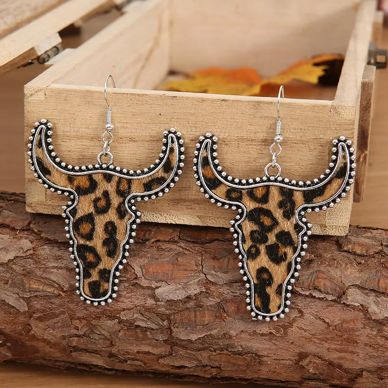 Leopard print longhorn statement earrings for western cowgirl outfits