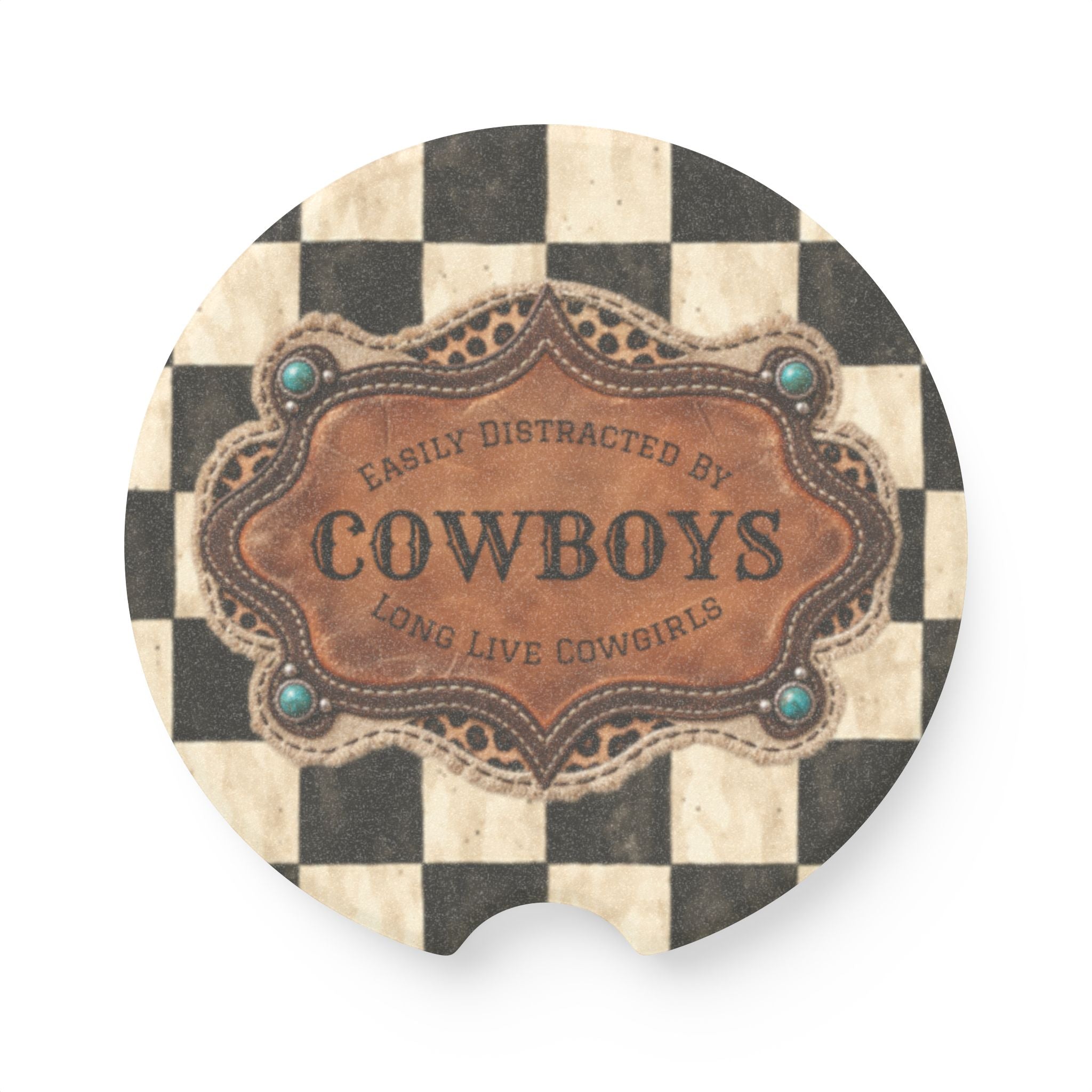 Personalized Car Coasters Set of 2, Custom Coasters, Funny Western Cowboy Checkered Car Accessories