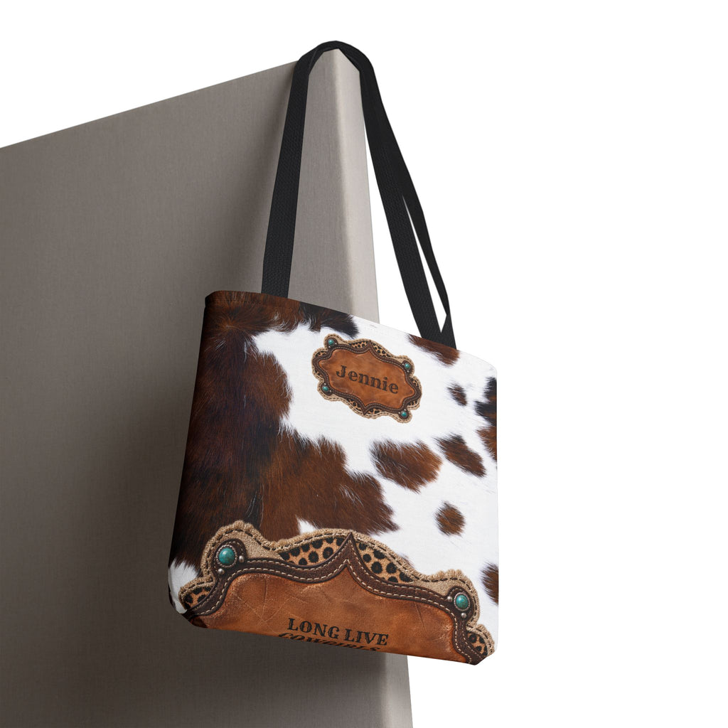 Personalized Cow Print Tote Bag, Custom Name Western Cowgirl Bag, Brown Cowhide Market Tote