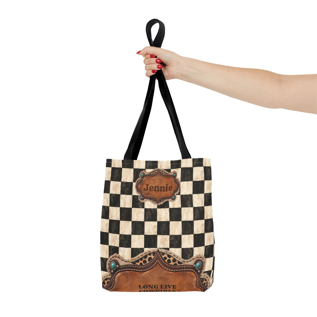 Personalized Tote Bag, Checkered Cowgirl Design, Custom Name