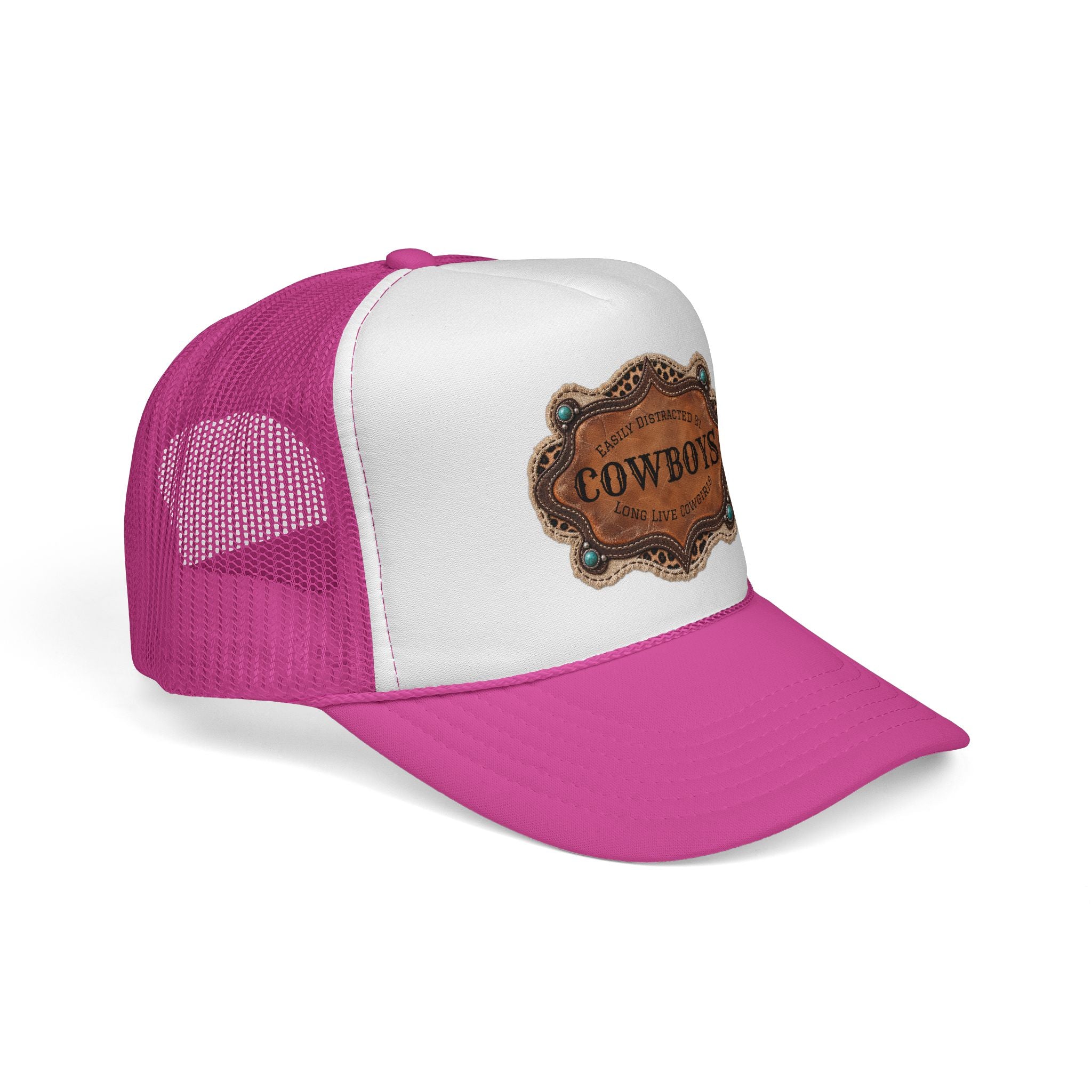 Custom Trucker Hat, Personalized Cowgirl Cap, Easily Distracted by Cowboys, Turquoise Western Hat