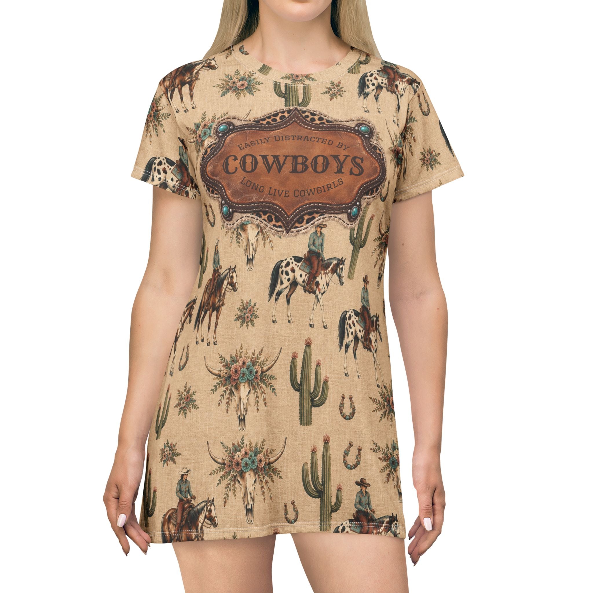 Boho Western Dress for Women, Graphic T Shirt Dress - Cowboy Print Cowboys