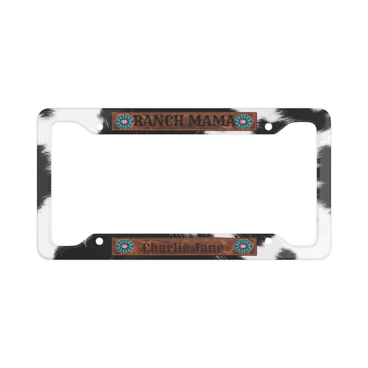 Personalized License Plate Frame, Ranch Mama Cow Print, Pink Concho, Printed Faux Leather Patch