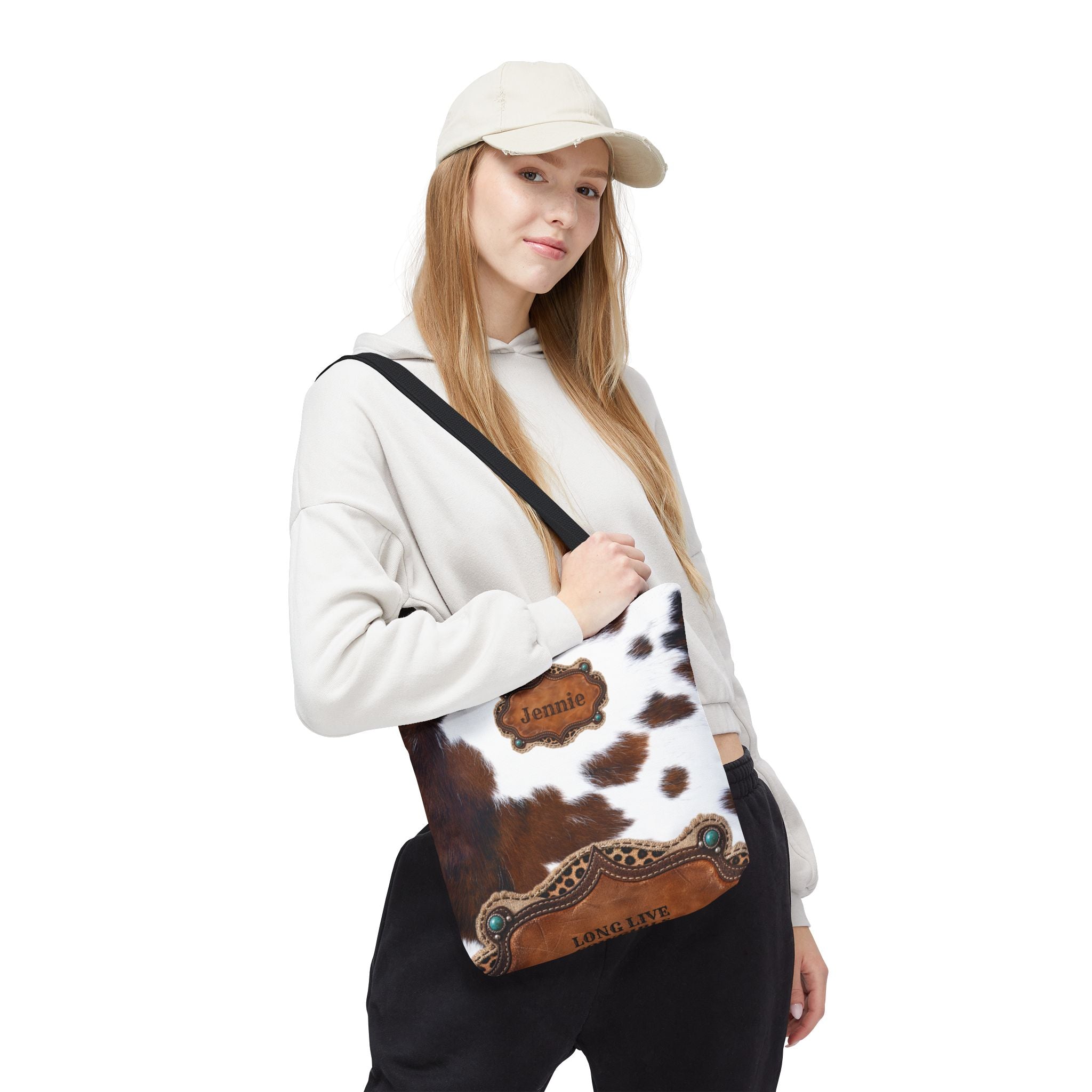 Personalized Cow Print Tote Bag, Custom Name Western Cowgirl Bag, Brown Cowhide Market Tote