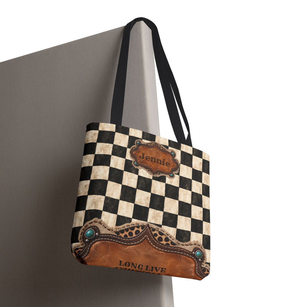Personalized Tote Bag, Checkered Cowgirl Design, Custom Name