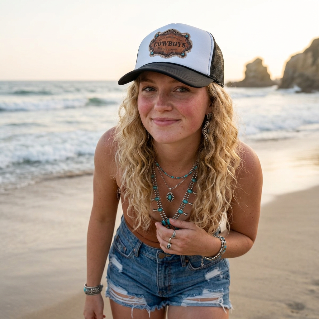 Custom Trucker Hat, Personalized Cowgirl Cap, Easily Distracted by Cowboys, Turquoise Western Hat