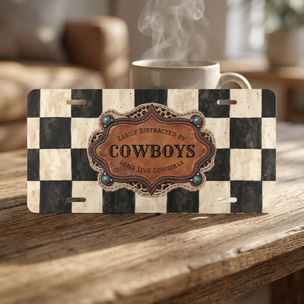 Personalized Front License Plate, Custom License Plate, Checkered Cowboy Vanity Plate, Cute Car Accessories