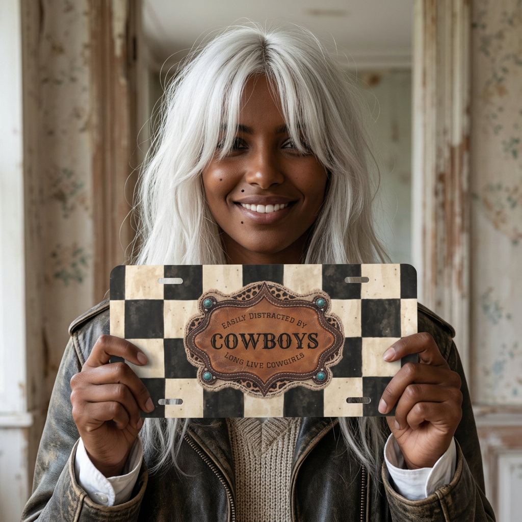 Personalized Front License Plate, Custom License Plate, Checkered Cowboy Vanity Plate, Cute Car Accessories