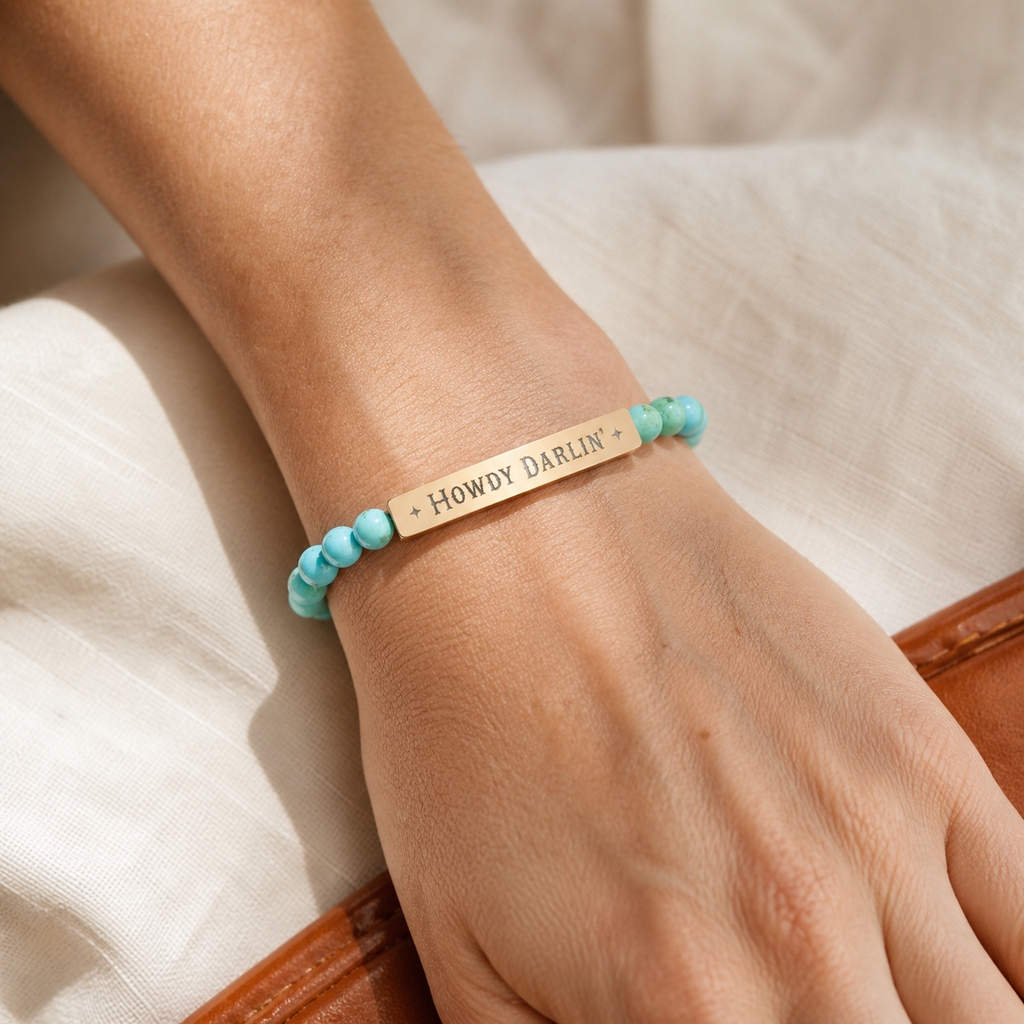 Turquoise Engraved Bracelet: HOWDY DARLIN' Natural Stone Stretch Bar