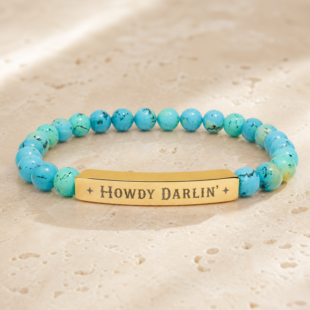 Turquoise Engraved Bracelet: HOWDY DARLIN' Natural Stone Stretch Bar