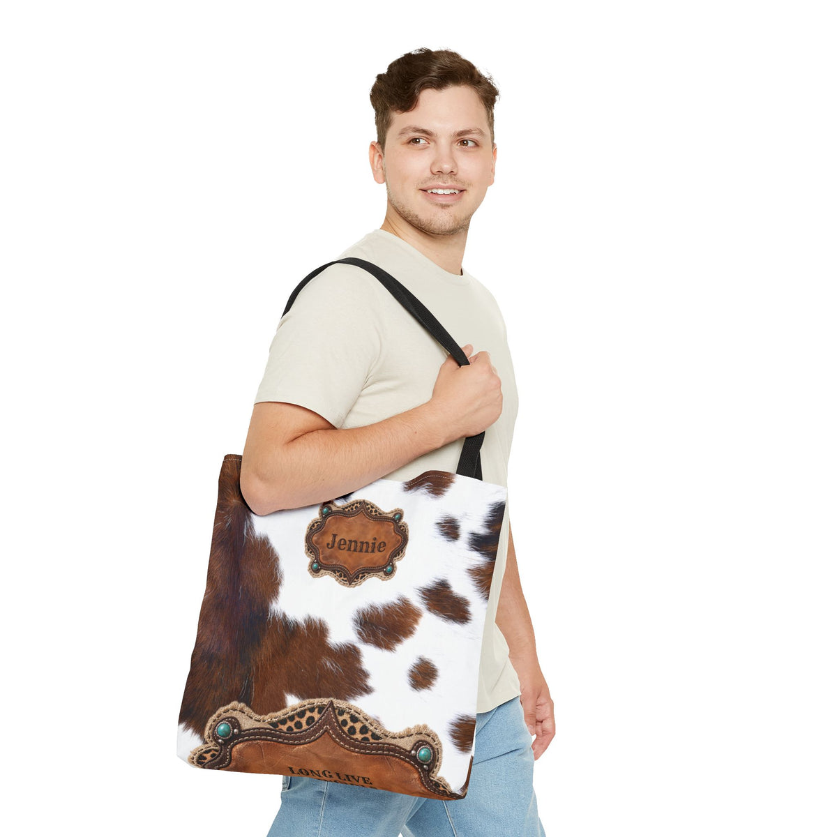Personalized Cow Print Tote Bag, Custom Name Western Cowgirl Bag, Brown Cowhide Market Tote