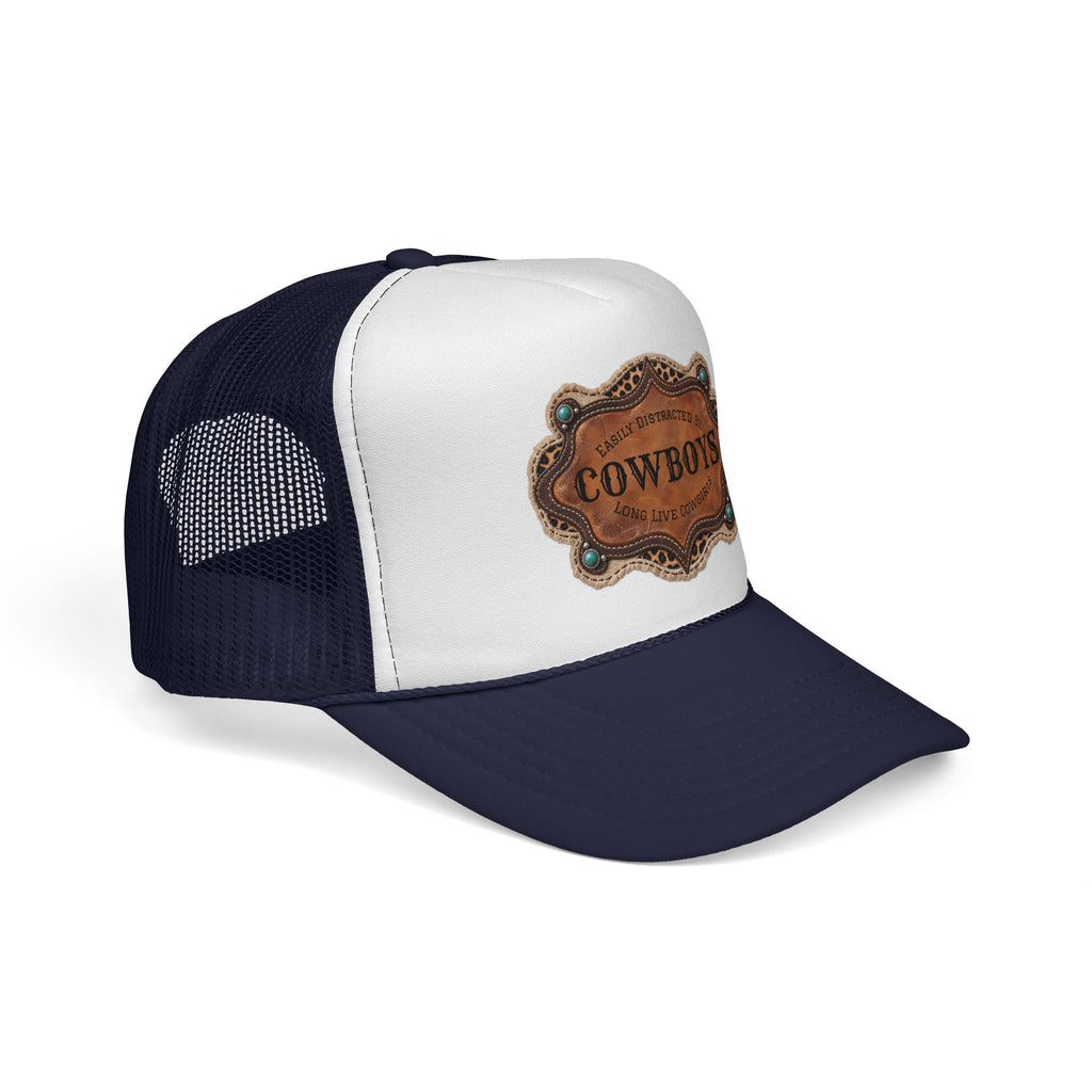Custom Trucker Hat, Personalized Cowgirl Cap, Easily Distracted by Cowboys, Turquoise Western Hat