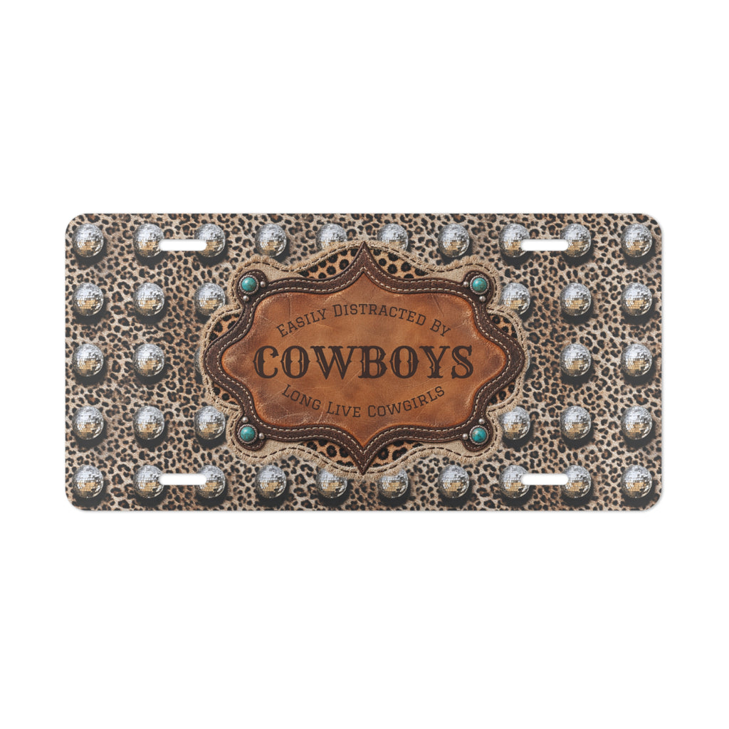 Western Vanity License Plate, Leopard Disco Ball Cowgirl Car Decor, Easily Distracted by Cowboys Aluminum Front Plate