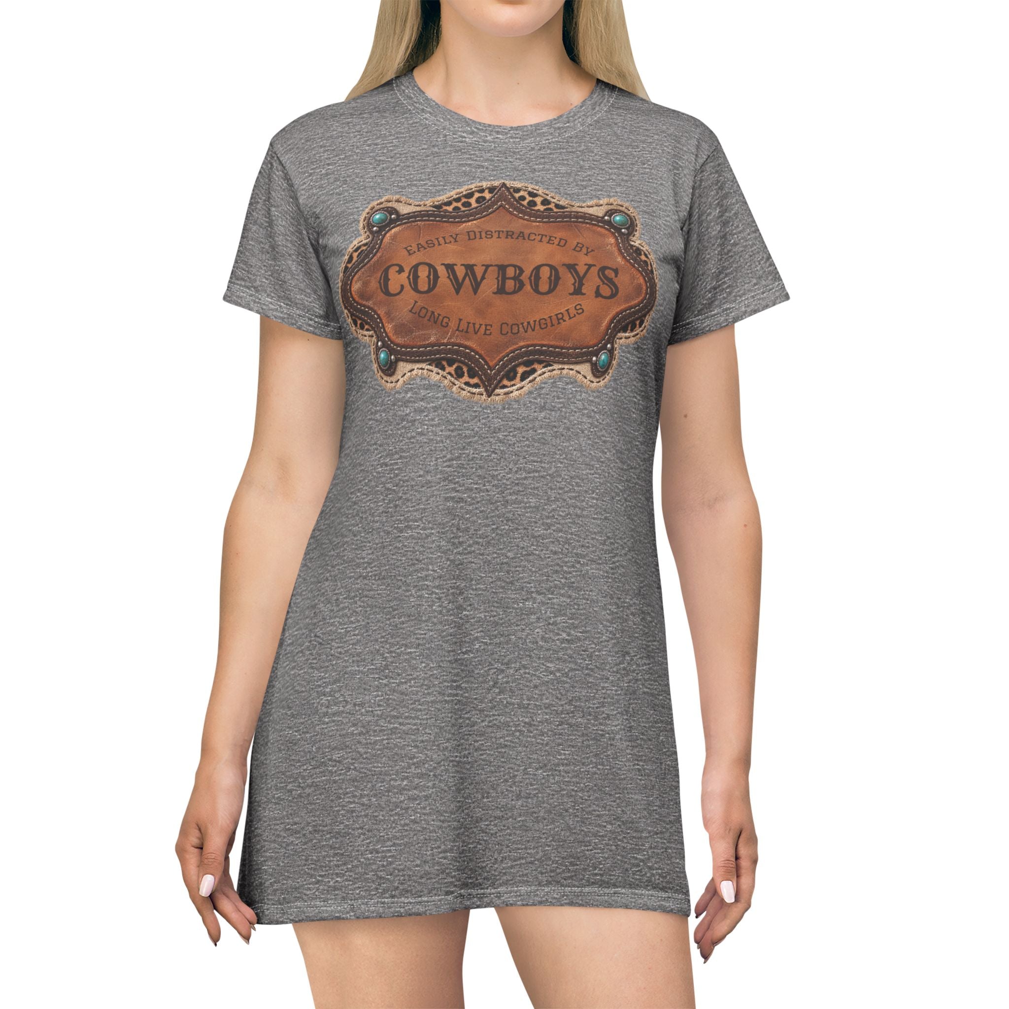 Boho Western Dress for Women, Graphic T Shirt Dress - Heather Gray Cowboys