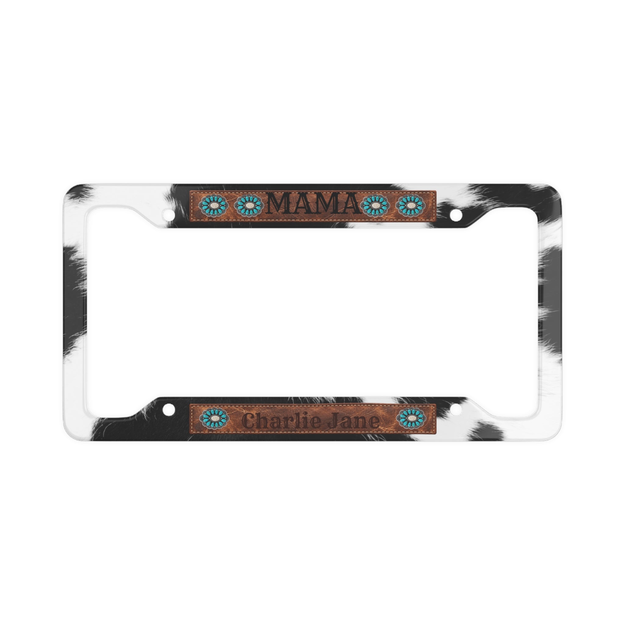 Personalized License Plate Frame, Mama Cow Print, Turquoise Concho, Printed Faux Leather Patch