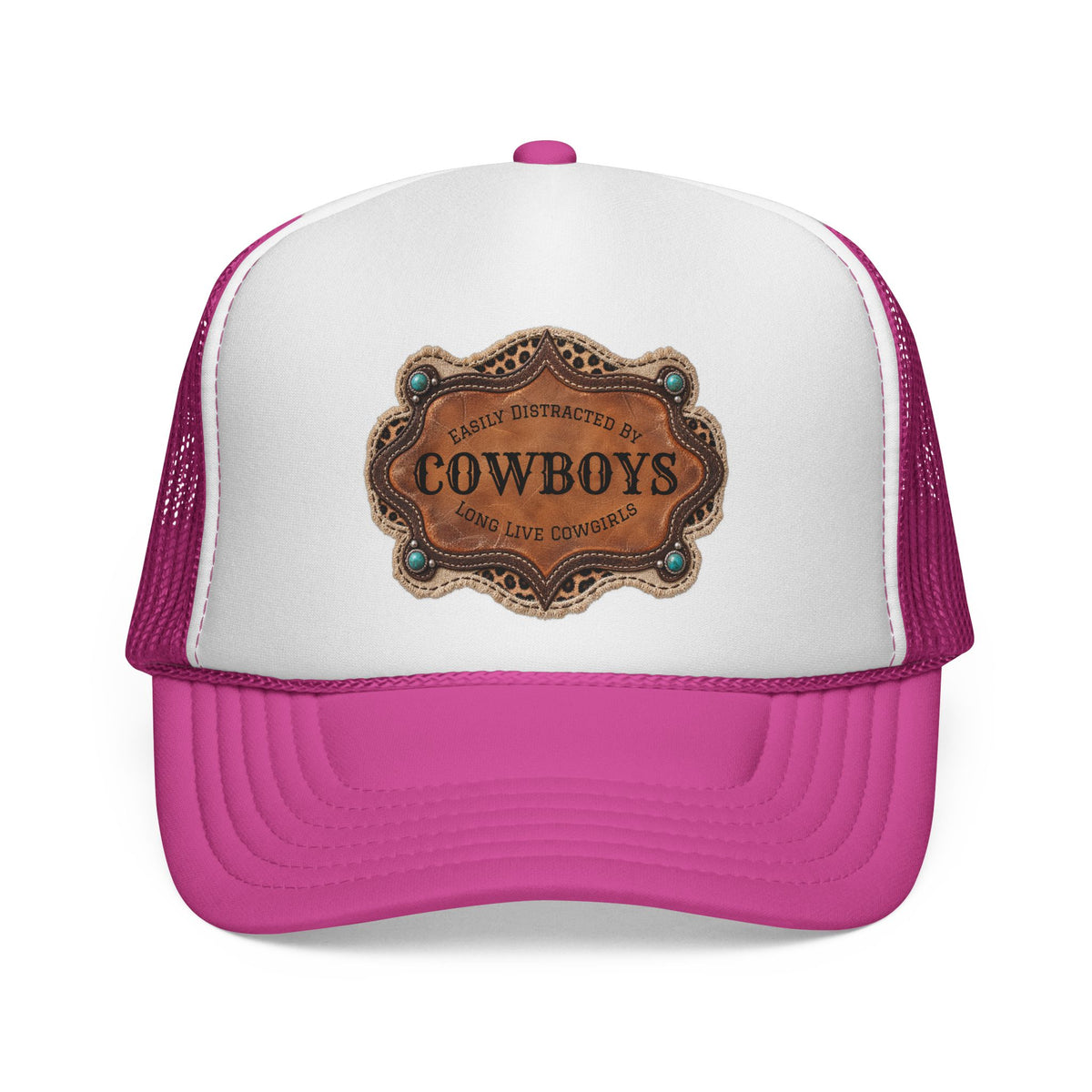 Custom Trucker Hat, Personalized Cowgirl Cap, Easily Distracted by Cowboys, Turquoise Western Hat
