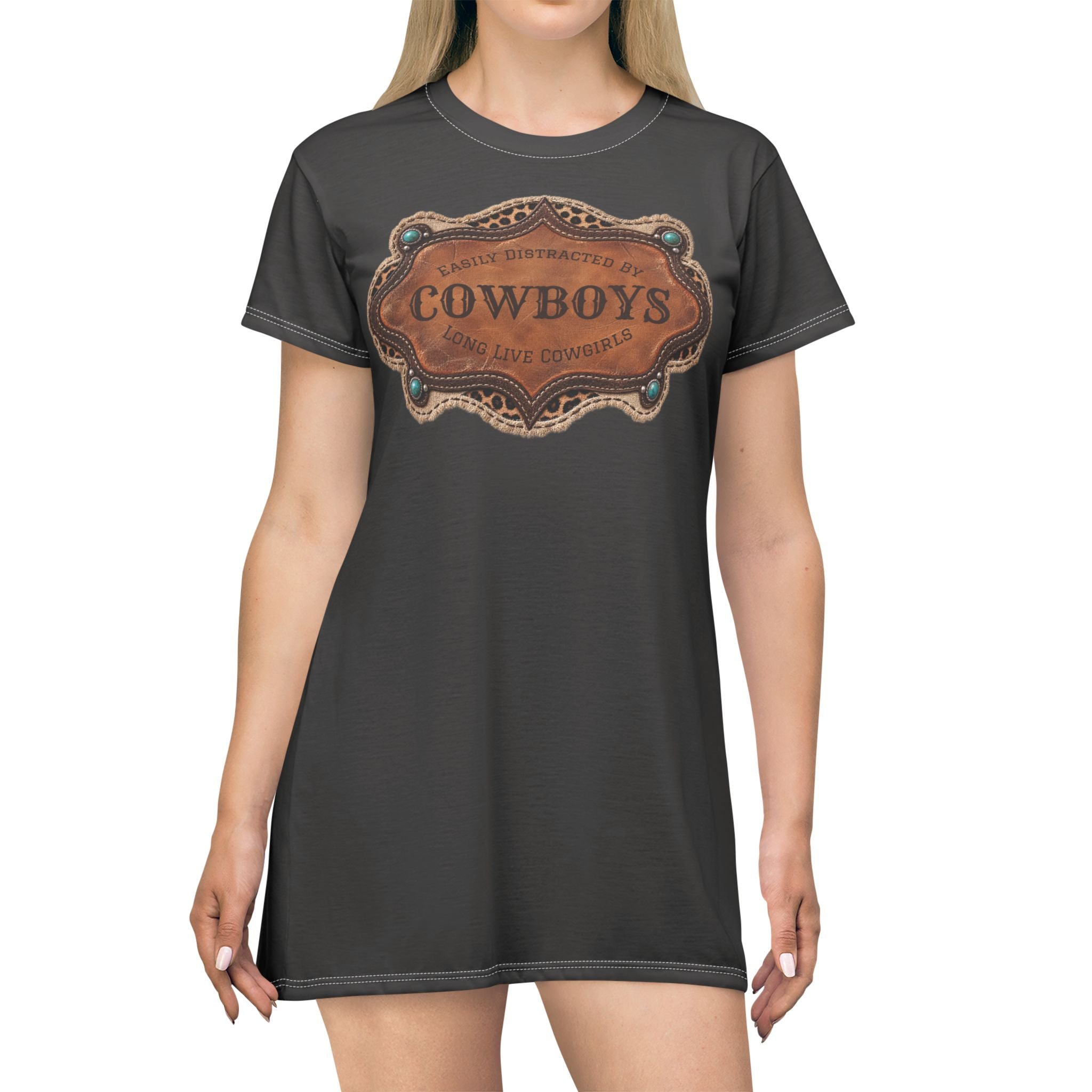 Boho Western Dress for Women, Graphic T Shirt Dress - Charcoal Cowboys