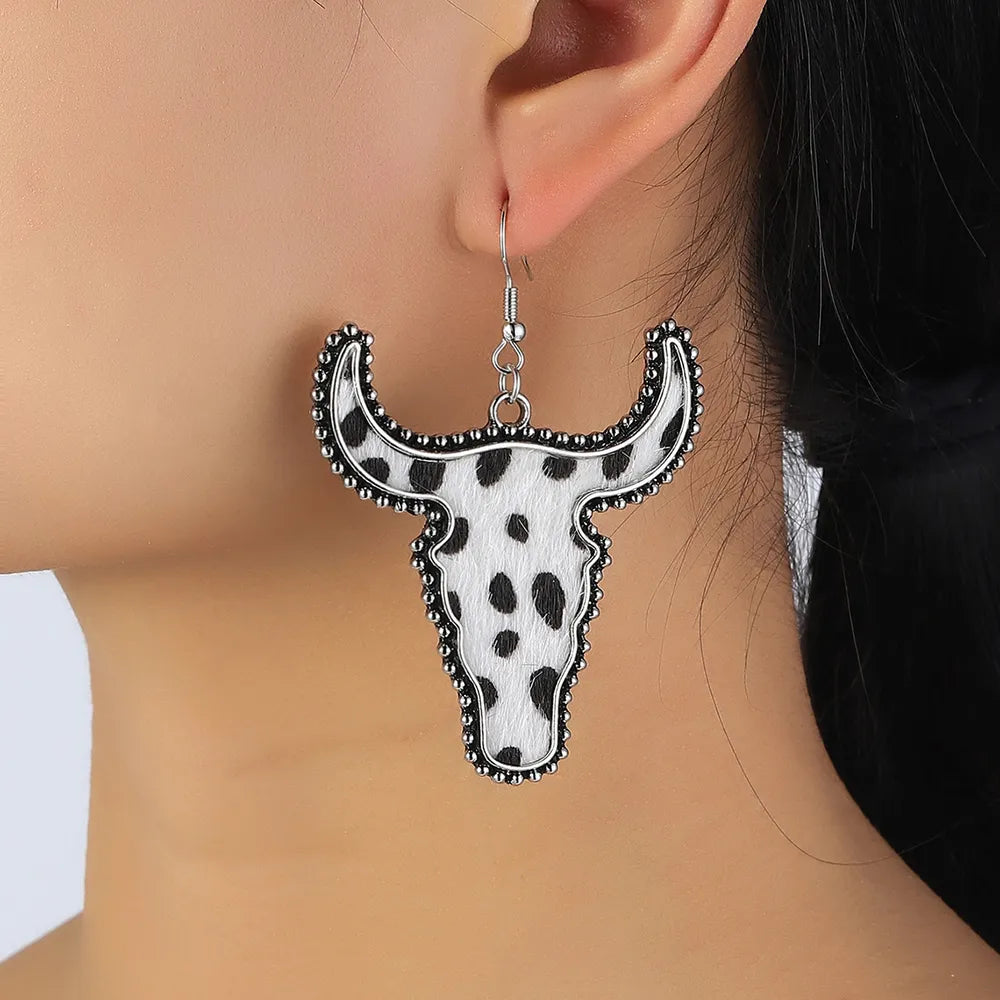 Leopard print longhorn statement earrings for western cowgirl outfits