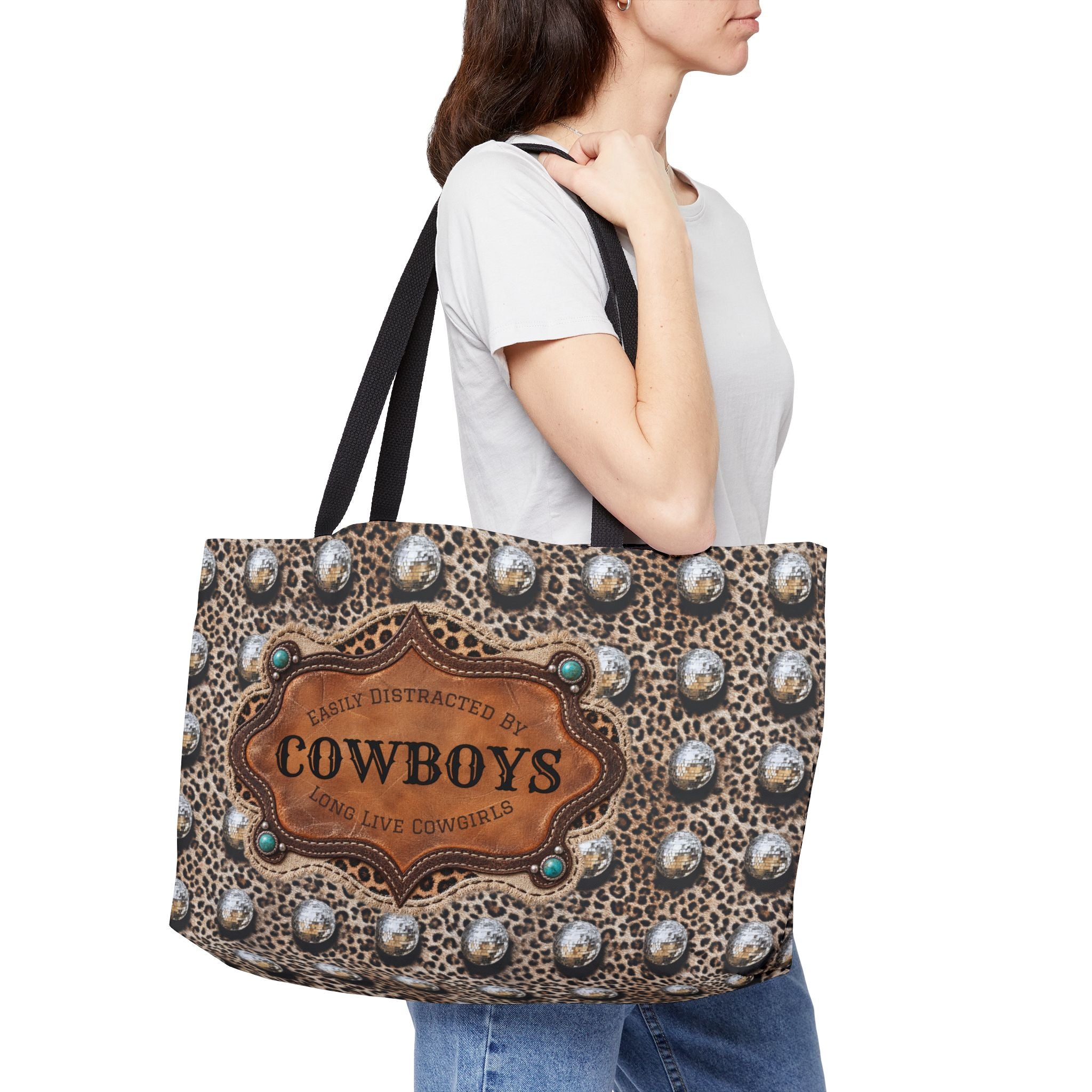 Personalized Western Weekender Bag, Custom Cowboy Name Tote, Leopard Disco Ball Travel Bag