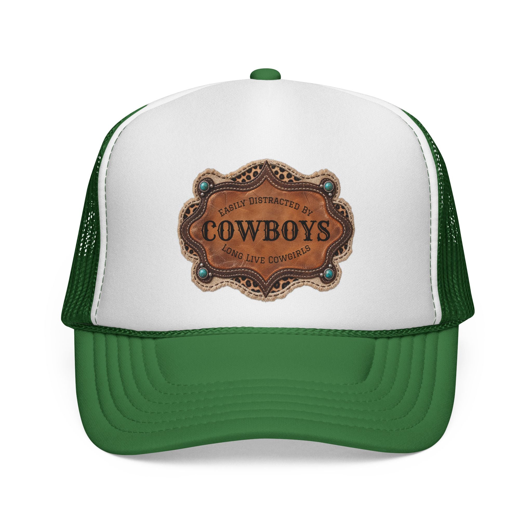 Custom Trucker Hat, Personalized Cowgirl Cap, Easily Distracted by Cowboys, Turquoise Western Hat