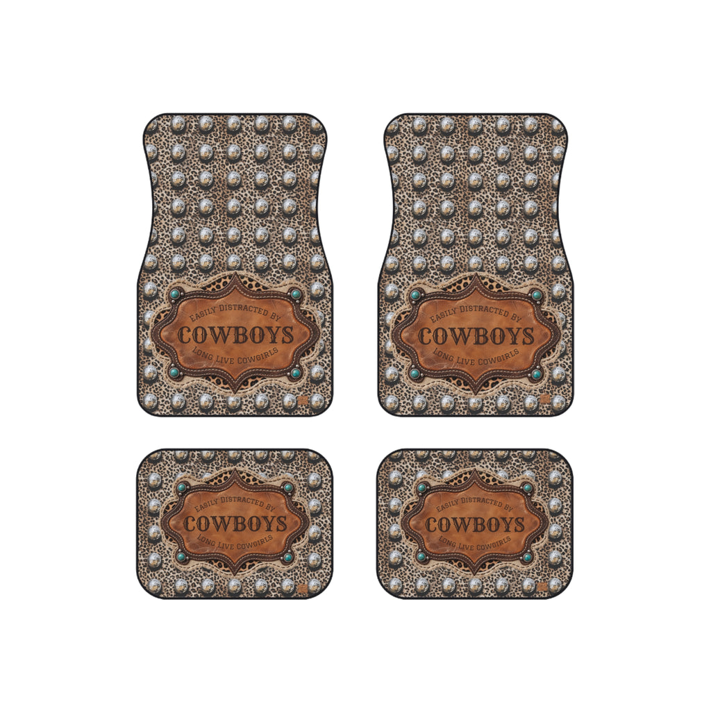 Personalized Western Car Floor Mats Set of 4, Custom Easily Distracted by Cowboys Leopard Disco Ball Cowgirl Auto Mat Set