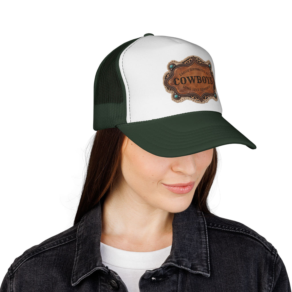 Custom Trucker Hat, Personalized Cowgirl Cap, Easily Distracted by Cowboys, Turquoise Western Hat